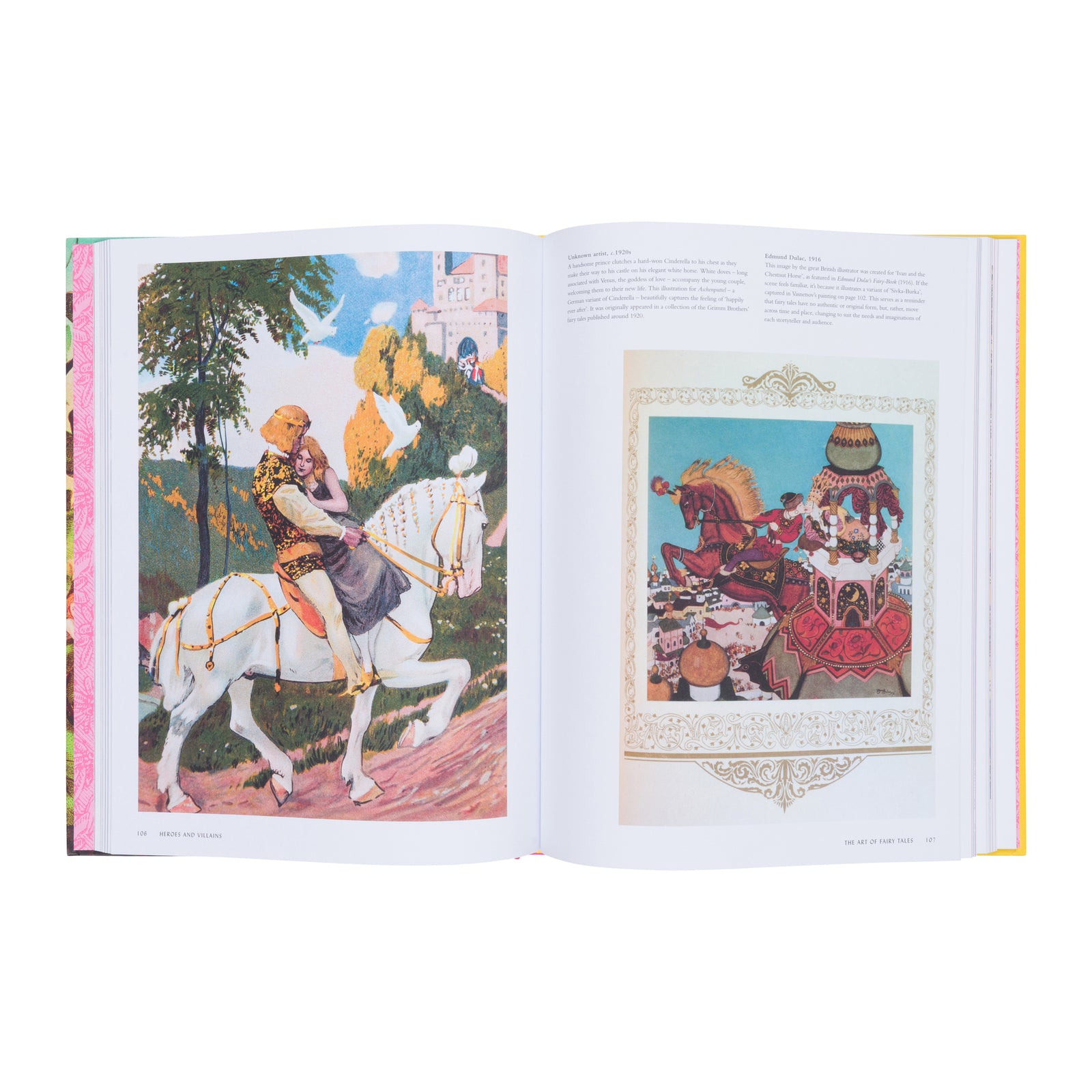 The Art of Fairy Tales book by Joanna Ebstein, featuring a vibrant pink spine and a colorful cover illustration of a fairy tale scene with a swan and a child.