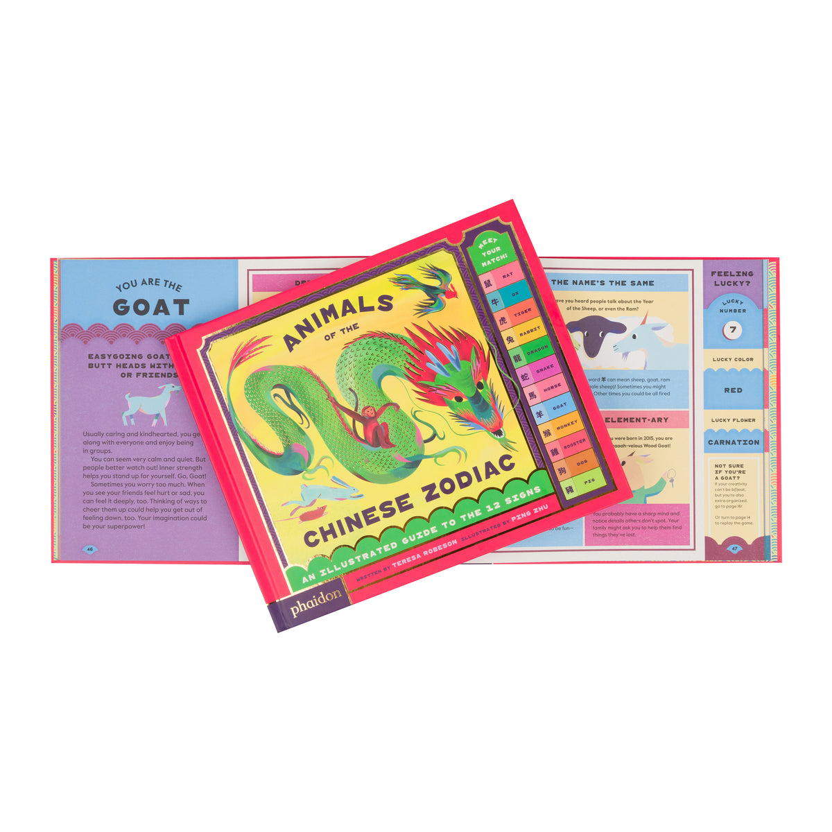 Children's book titled 'Animals of the Chinese Zodiac' with a bright red border, yellow cover illustration featuring a green dragon and colorful zodiac signs, and the Phaidon logo at the bottom left.
