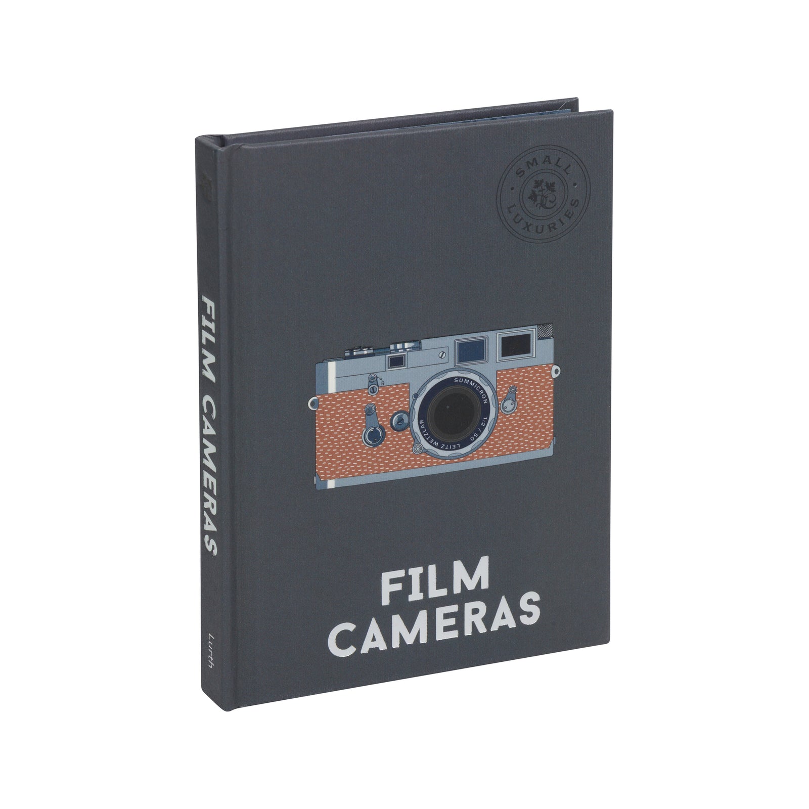 A dark gray hardcover book titled 'Film Cameras' with a vintage camera illustration on the cover, displayed over an open printed booklet on a white background.