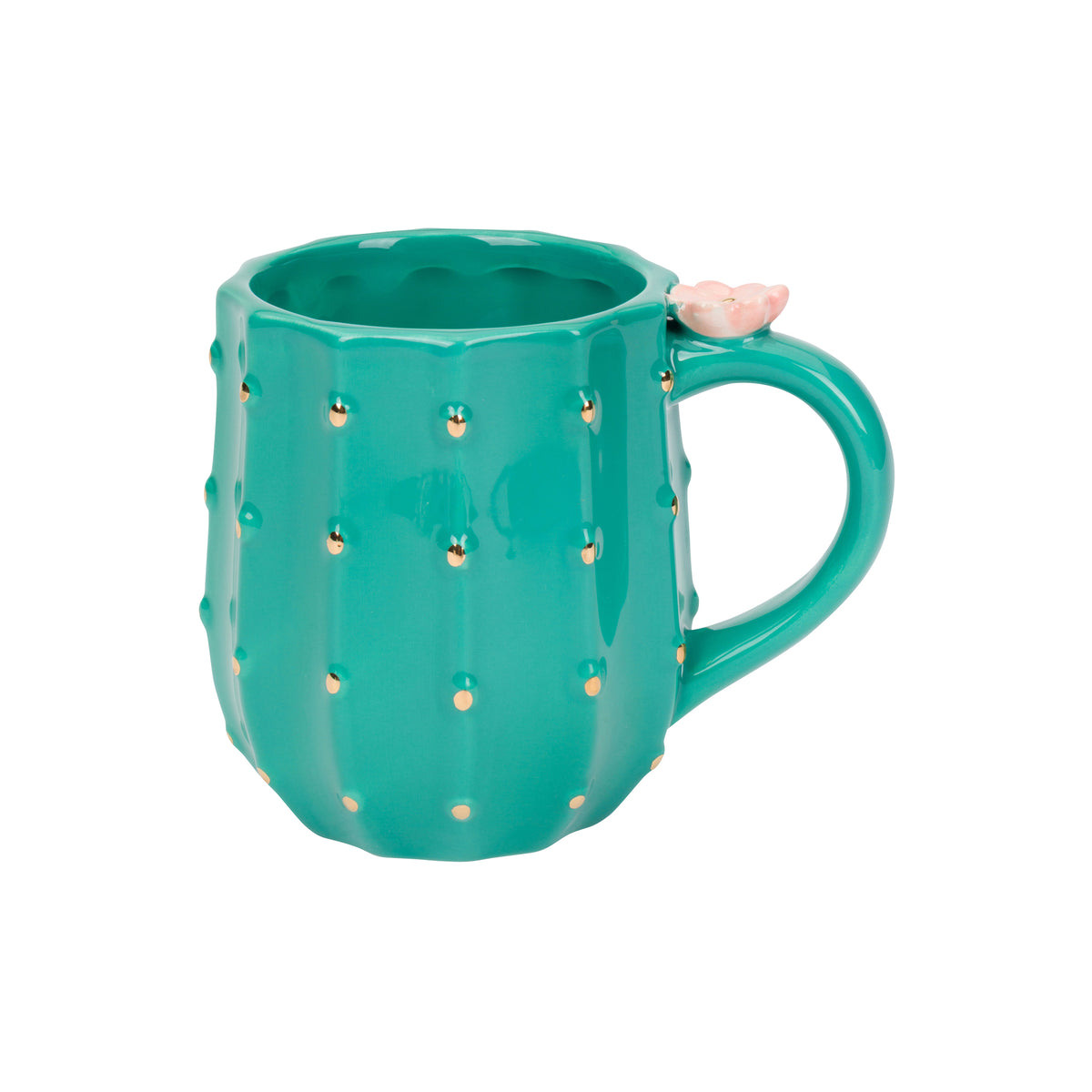 A glossy teal ceramic mug with a cactus-inspired design, featuring vertical ridges, small raised dots, and a small pink flower accent on the handle, shown on a plain white background.