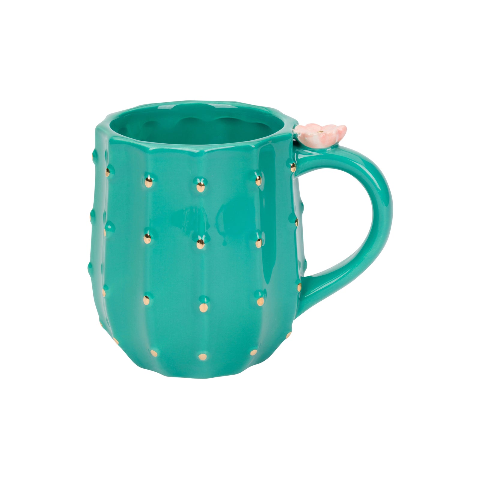 A glossy teal ceramic mug with a cactus-inspired design, featuring vertical ridges, small raised dots, and a small pink flower accent on the handle, shown on a plain white background.