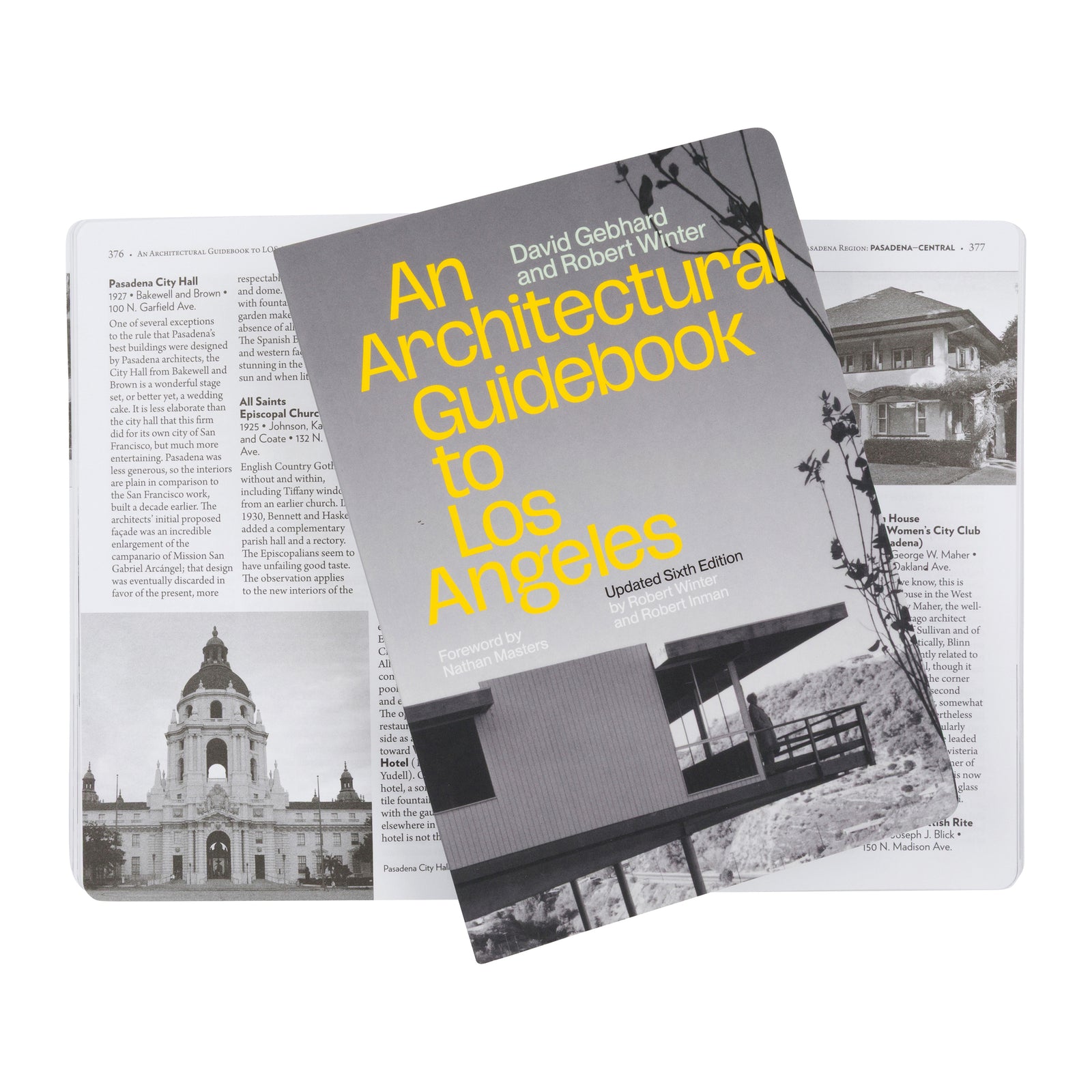 The front cover and spine of the book 'An Architectural Guidebook to Los Angeles' by David Gebhard and Robert Winter, featuring a black and white architectural photograph of a modern house on a hillside with bold yellow title text, shown on a plain white background.