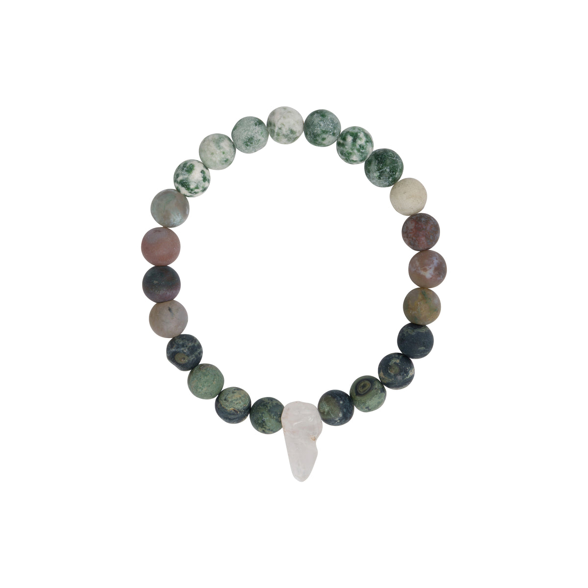 A beaded stretch bracelet featuring a variety of polished stone beads in green, gray, brown, and dark blue, completed with a light pinkish-white crystal tooth charm at the bottom, shown on a plain white background.