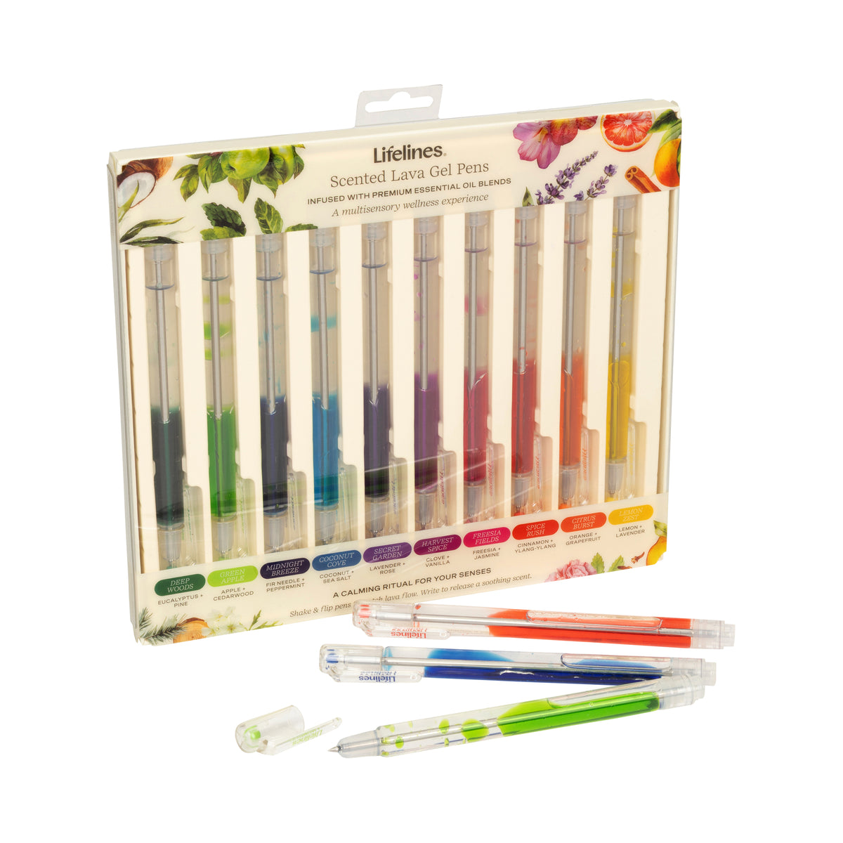 A set of Lifelines Scented Lava Gel Pens in a clear plastic display box with six pens visible, plus four loose pens shown in front on a white background. The pens have transparent bodies and different colored gel ink, with floral and botanical illustrations printed on the packaging.