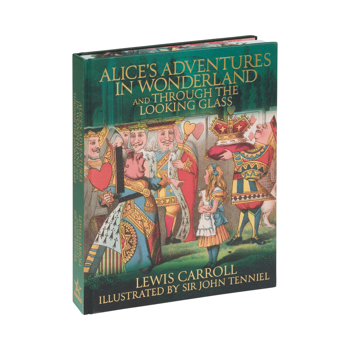A hardcover book of Lewis Carroll's 'Alice's Adventures in Wonderland and Through the Looking Glass' illustrated by Sir John Tenniel, shown at a three-quarter angle on a plain white background.