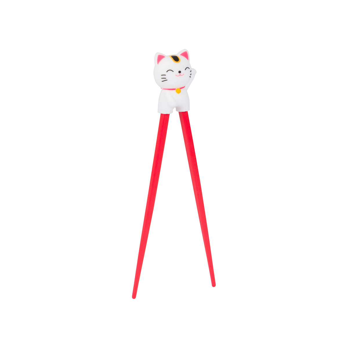 Red silicone baby chopsticks with a white and pink waving cat figurine on top, shown against a plain white background.