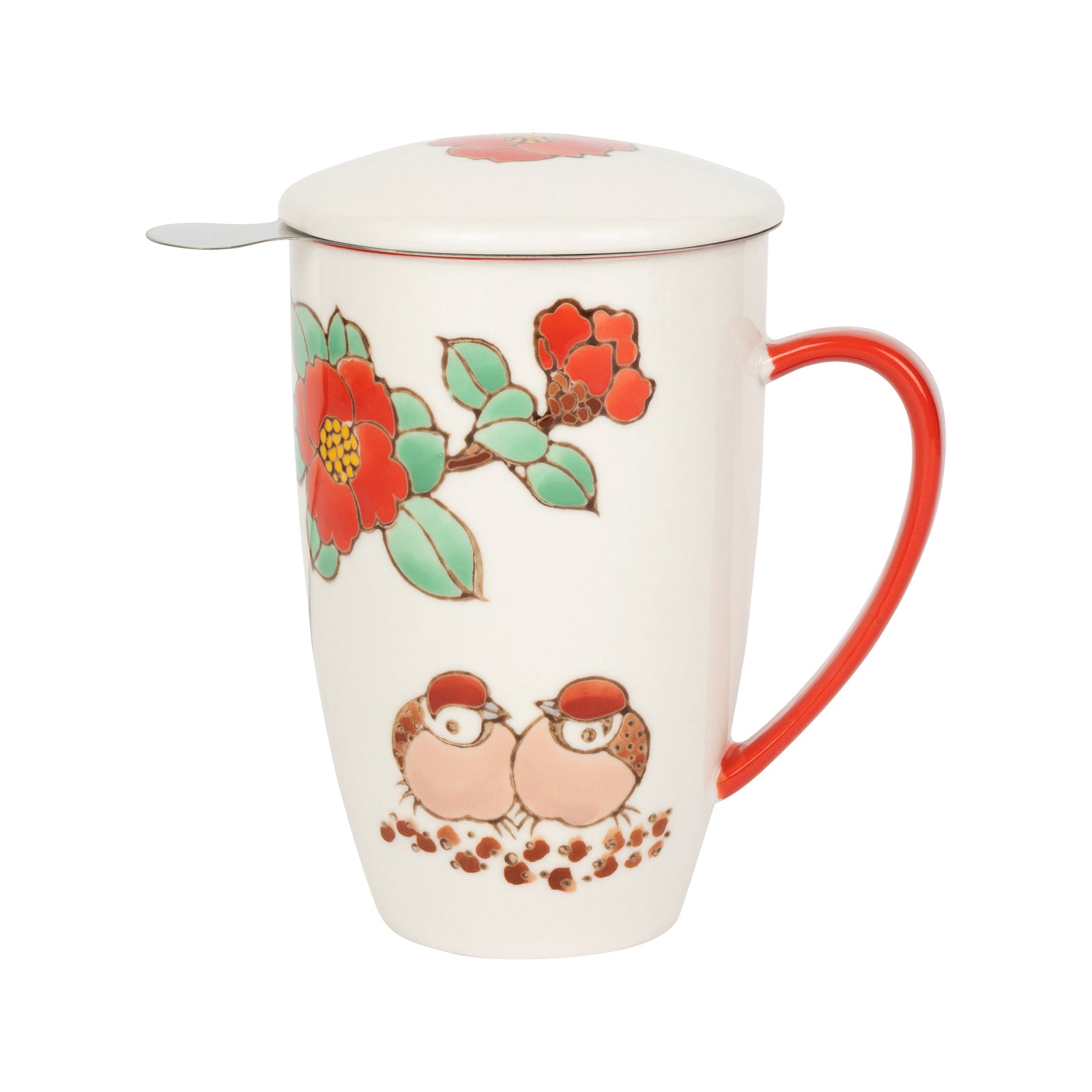 A white ceramic mug with a matching lid, featuring a red handle, a silver metal tea infuser, and a colorful floral and bird illustration on the side.