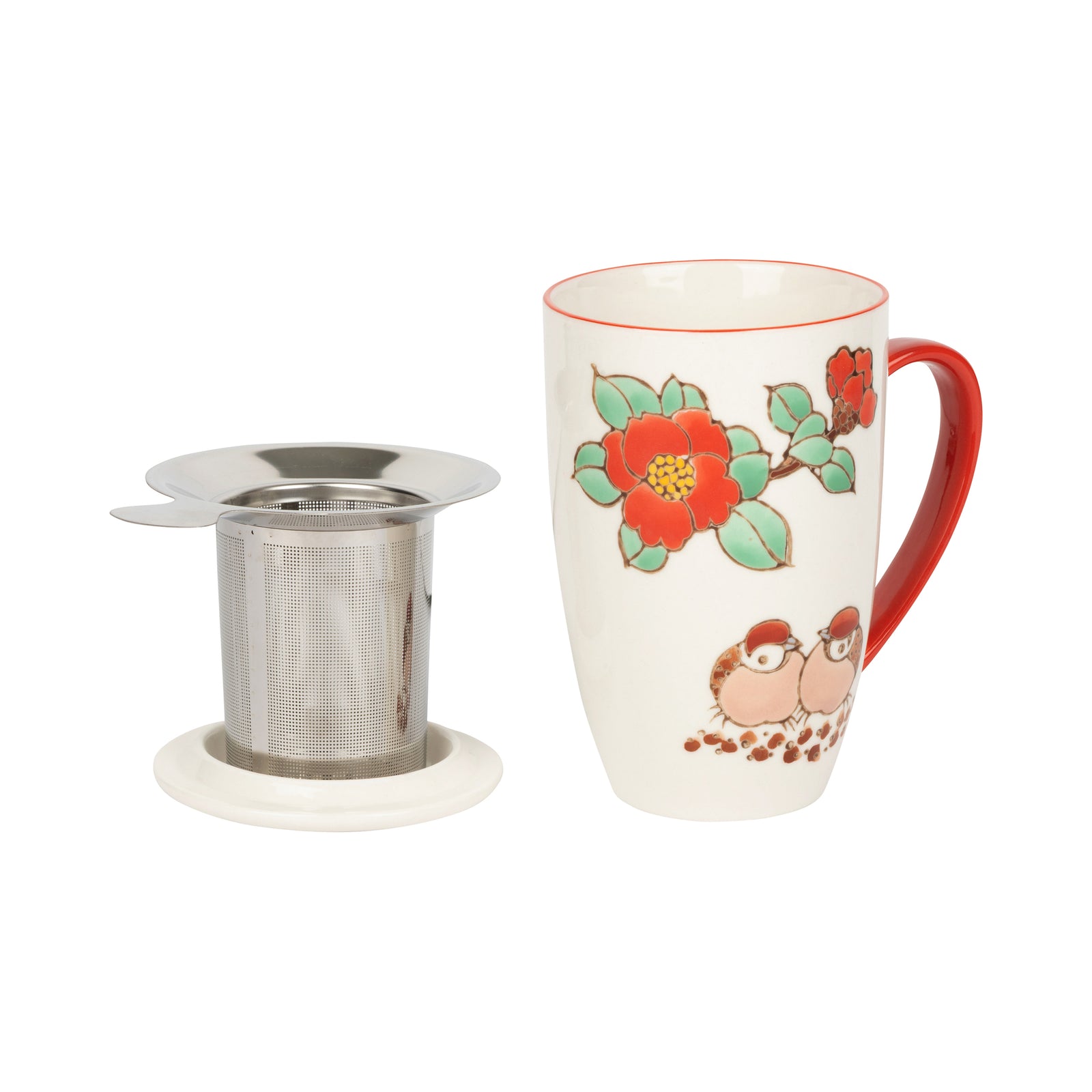 A white ceramic mug with a matching lid, featuring a red handle, a silver metal tea infuser, and a colorful floral and bird illustration on the side.