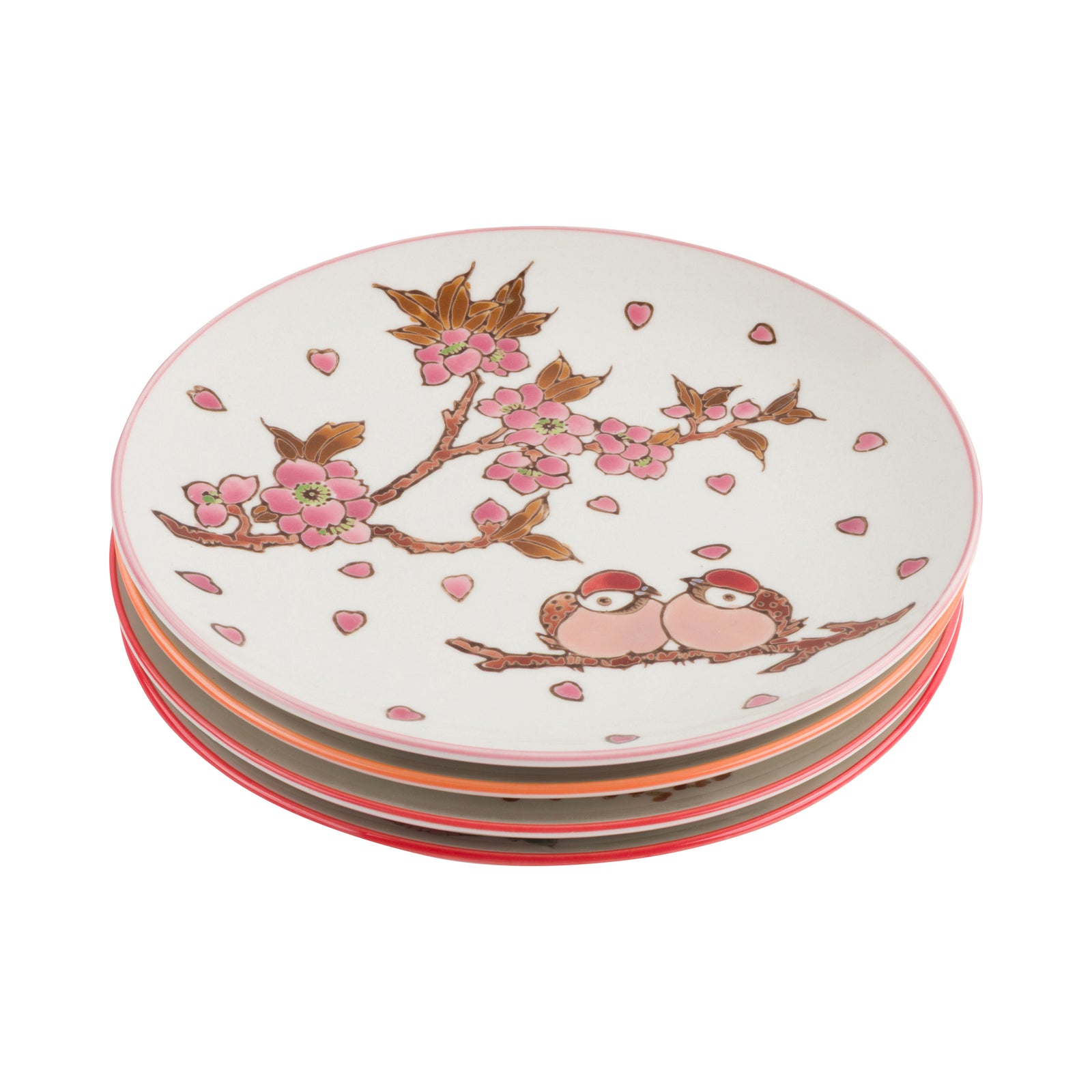 Four round ceramic plates arranged in a 2x2 grid on a white background, each decorated with hand-painted floral and bird motifs including red flowers, green leaves, pink blossoms, and small birds on branches.