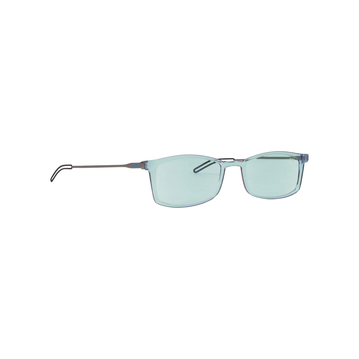 Light blue tinted rimless blue light reading glasses with a thin silver metal frame and temples, shown against a plain white background.