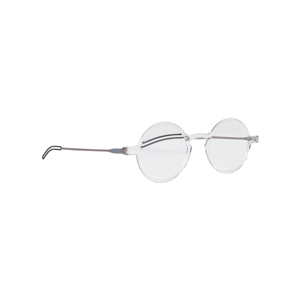 Reading glasses with round lenses and a think clear frame on a white background.