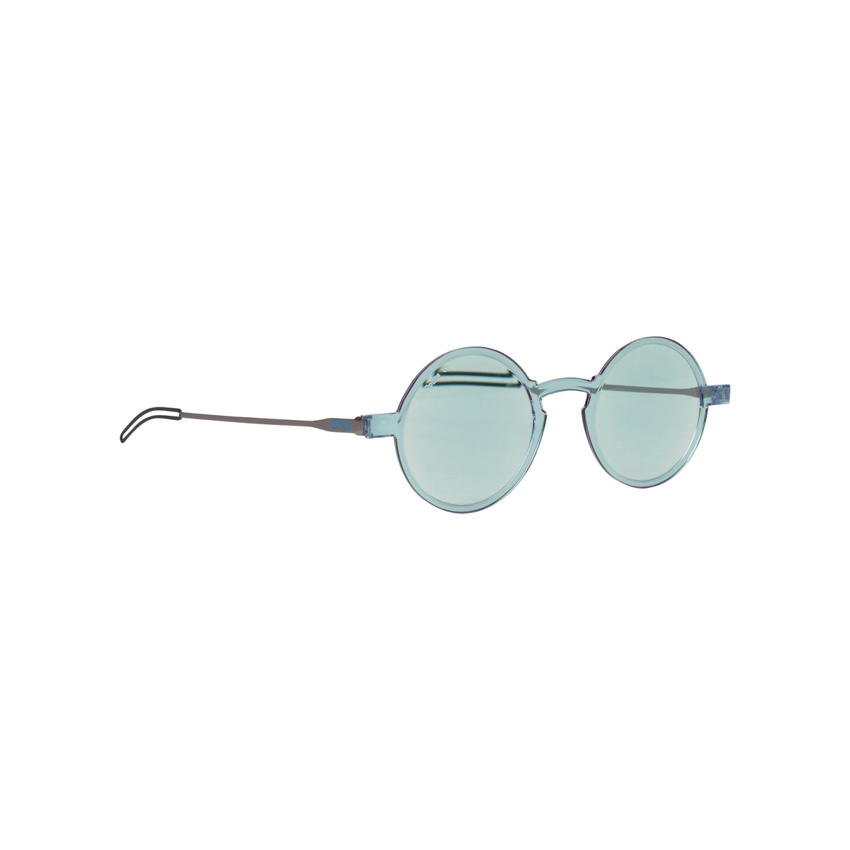 Blue light reading glasses with a clear frame and round, light blue tinted lenses, on a white background.