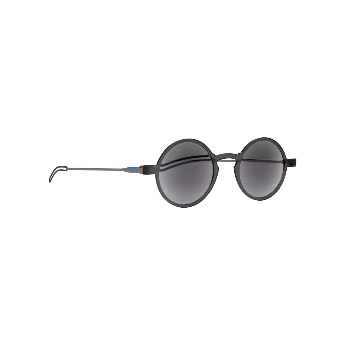 Sunglasses with a thin black metal frame and round lenses on a white background 