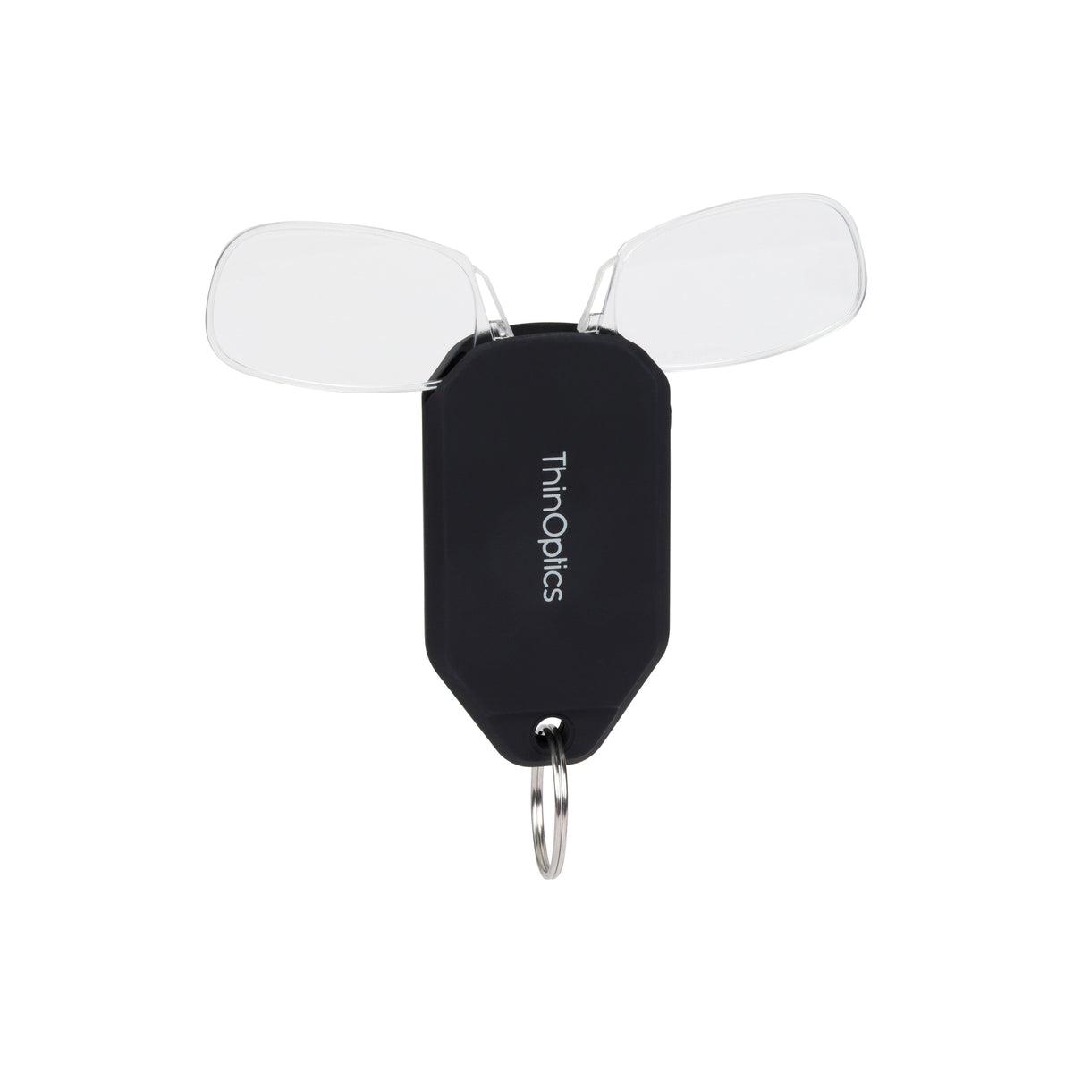 A black ThinOptics magnifying glass with clear plastic wings and a silver metal key ring, shown on a plain white background.