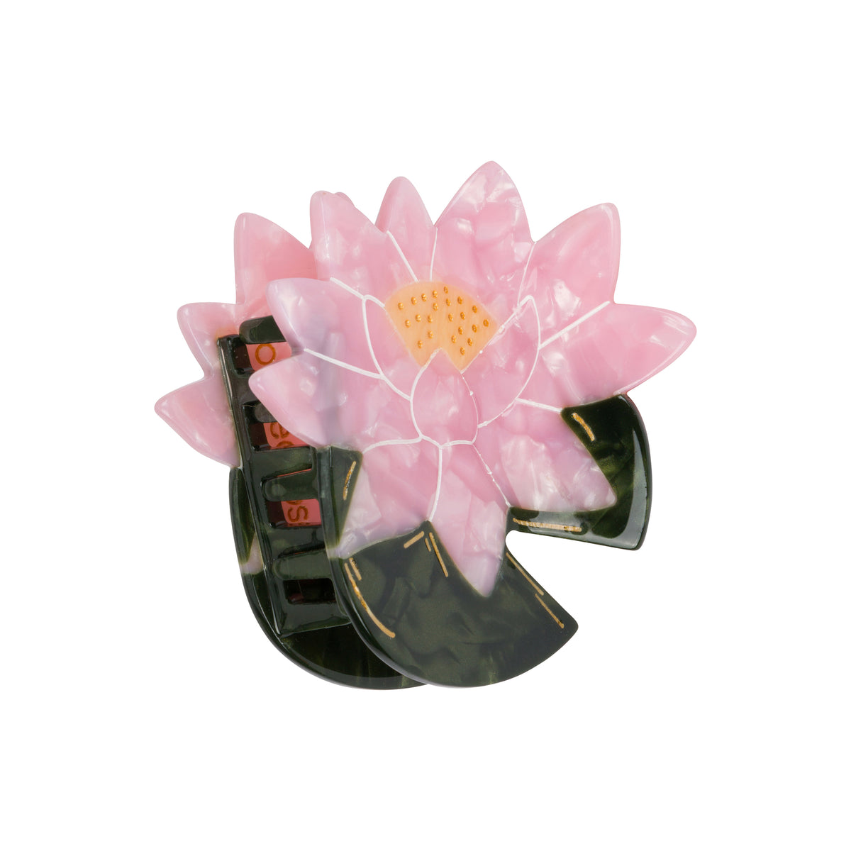 A pink lotus flower hair claw clip with a marbled pink and white flower top, a yellow stamen center, and a dark green marbled base, shown on a plain white background.