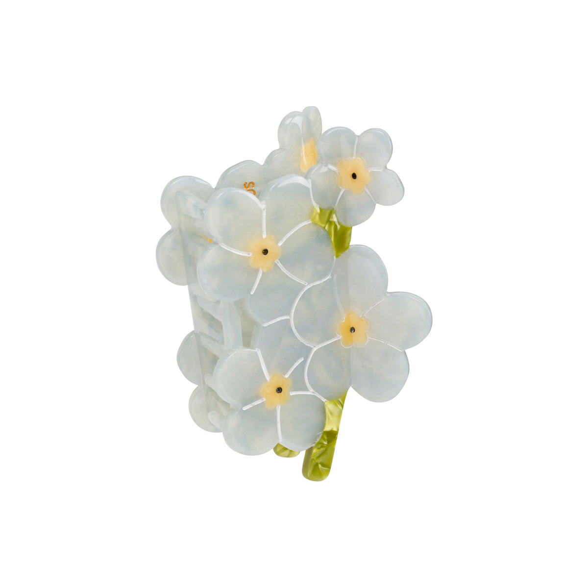 A hair claw featuring a cluster of small translucent pale blue forget-me-not flowers with pale yellow centers and green stems, arranged on a plain white background.