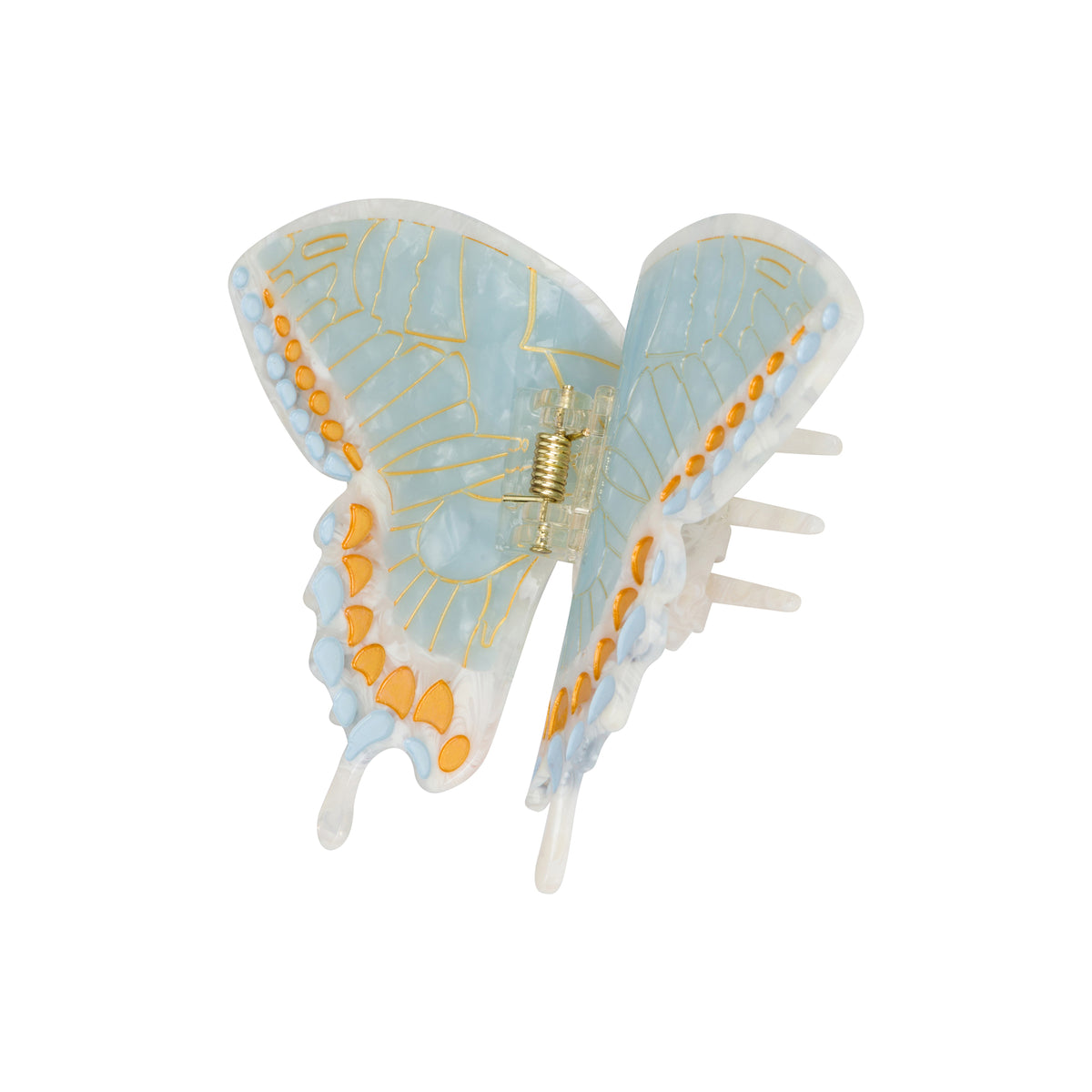 A butterfly-shaped hair claw clip with translucent light blue wings outlined in gold, orange wing-tip accents, and a clear spring mechanism, shown on a plain white background.
