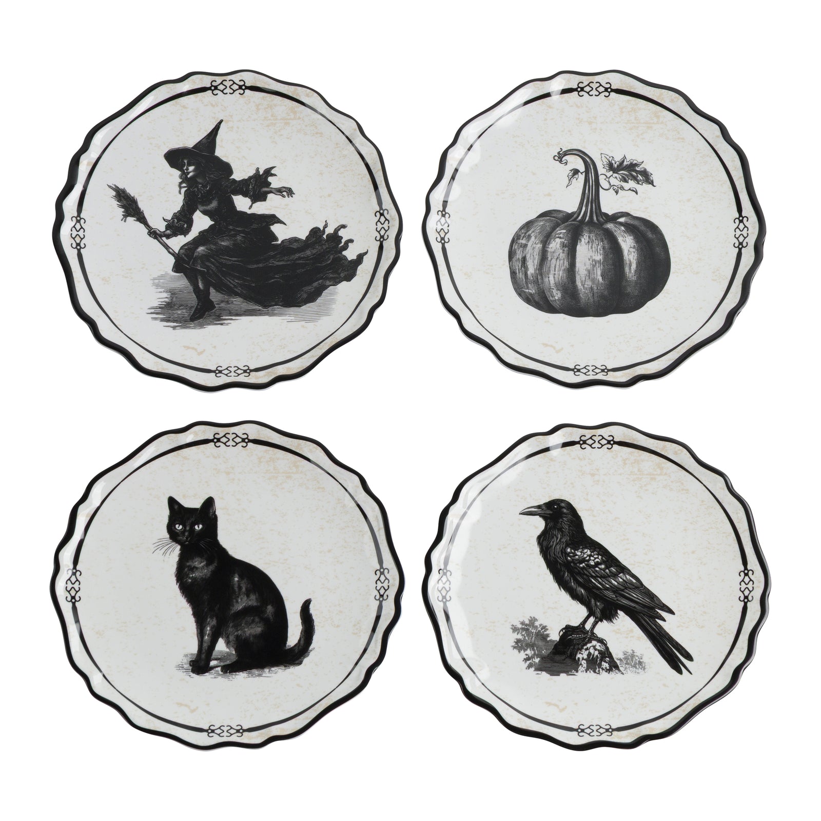 Four round decorative plates arranged in a 2x2 grid on a white background. Each plate has a scalloped edge and a black illustration: a witch on a broom, a pumpkin, a black cat, and a raven.