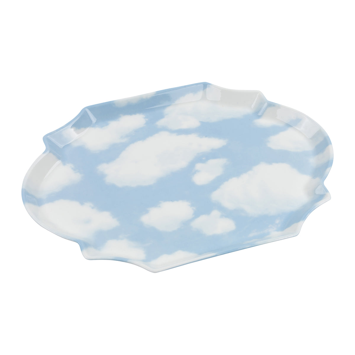 An oval serving tray with a scalloped rim, featuring a printed sky and cloud pattern in light blue and white, shown on a plain white background.