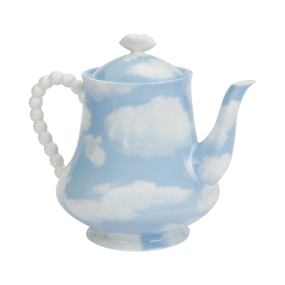 A ceramic teapot with a sky-blue and white cloud pattern, featuring a beaded handle and a matching lid knob, set against a plain white background.