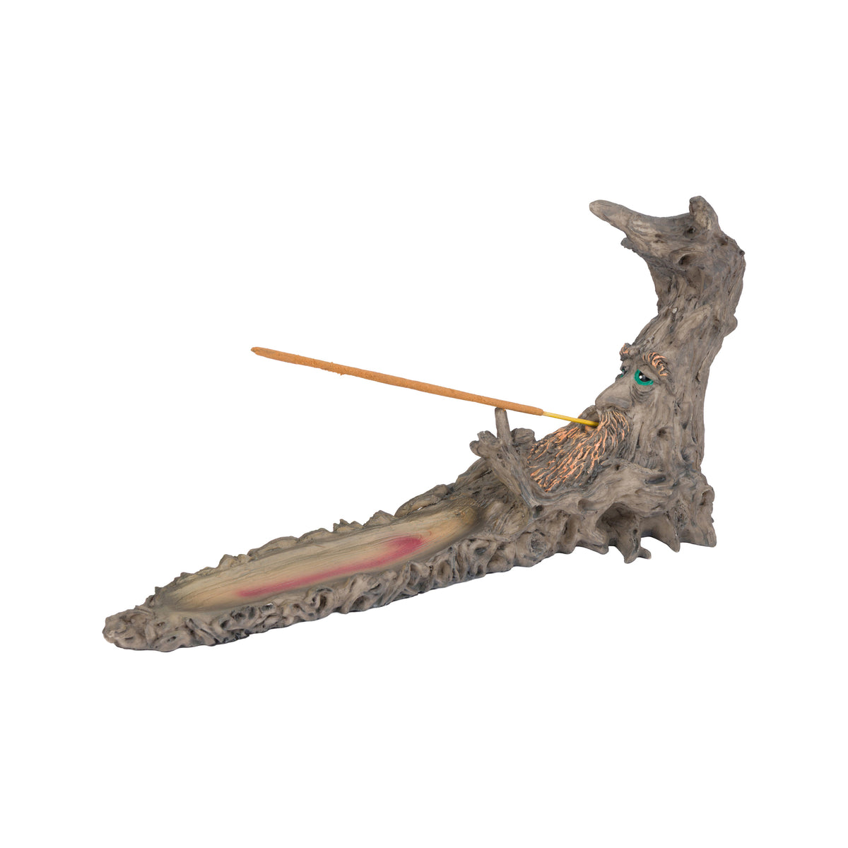 A fantasy resin figurine incense holder of a tree spirit or wood spirit holding an incense stick crafted to look like weathered driftwood with green eyes and an orange-brown textured beard.