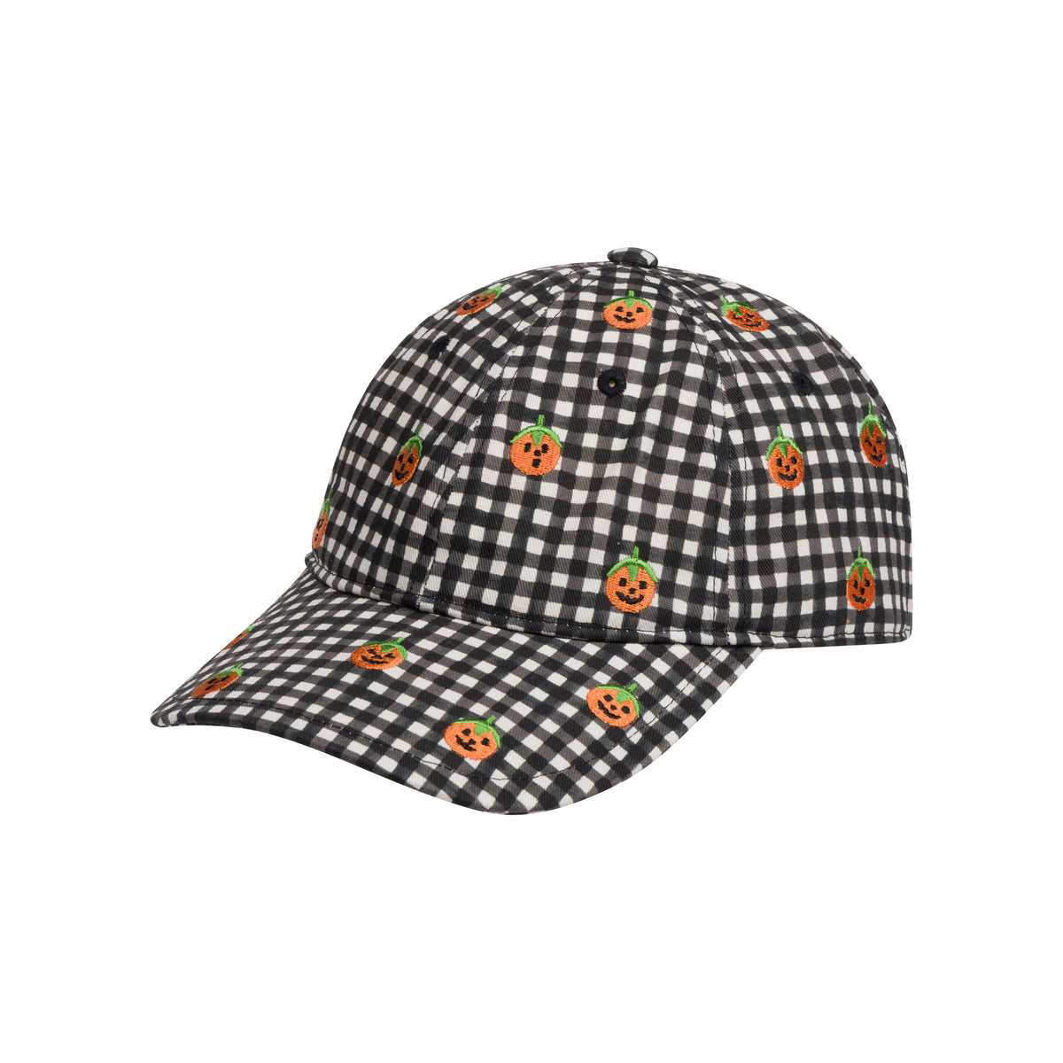 A black and white gingham baseball cap featuring a pattern of small orange jack-o'-lantern pumpkins with green tops, shown against a plain white background.