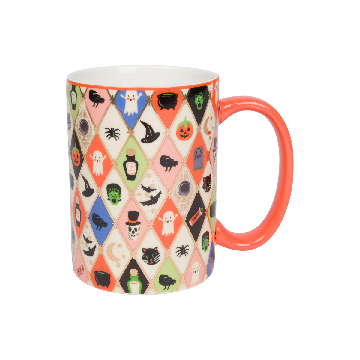 A ceramic mug with a vibrant orange handle, featuring a multicolor Halloween-themed harlequin pattern with crows, ghosts, pumpkins, and bats on a white background.