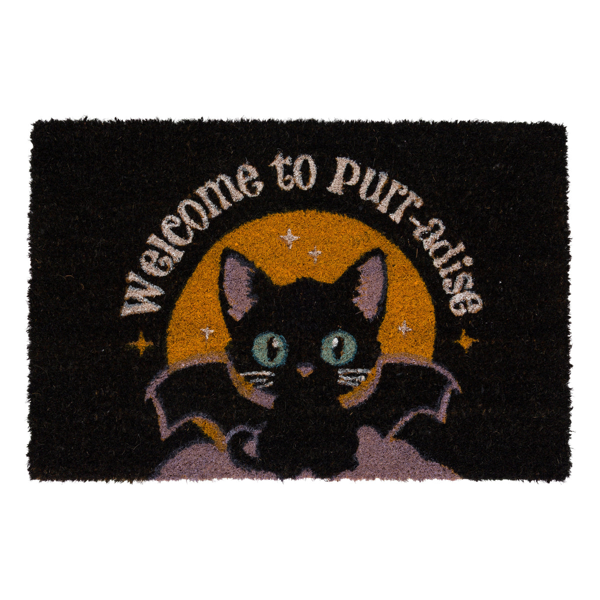 A black coir doormat with the writing WELCOME TO PURR-ADISE and a cartoon style image of a kitten with batwings in front of an orange moon, on a white background
