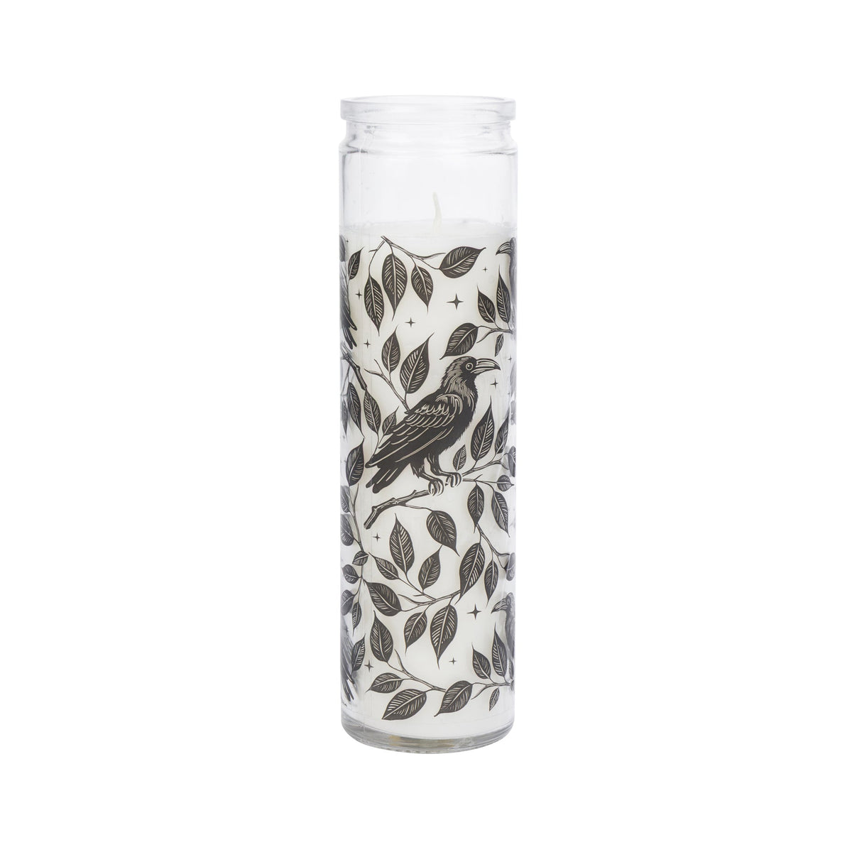 A tall, clear glass jar candle with white wax and a black printed design of a bird perched on leafy branches, shown against a plain white background.