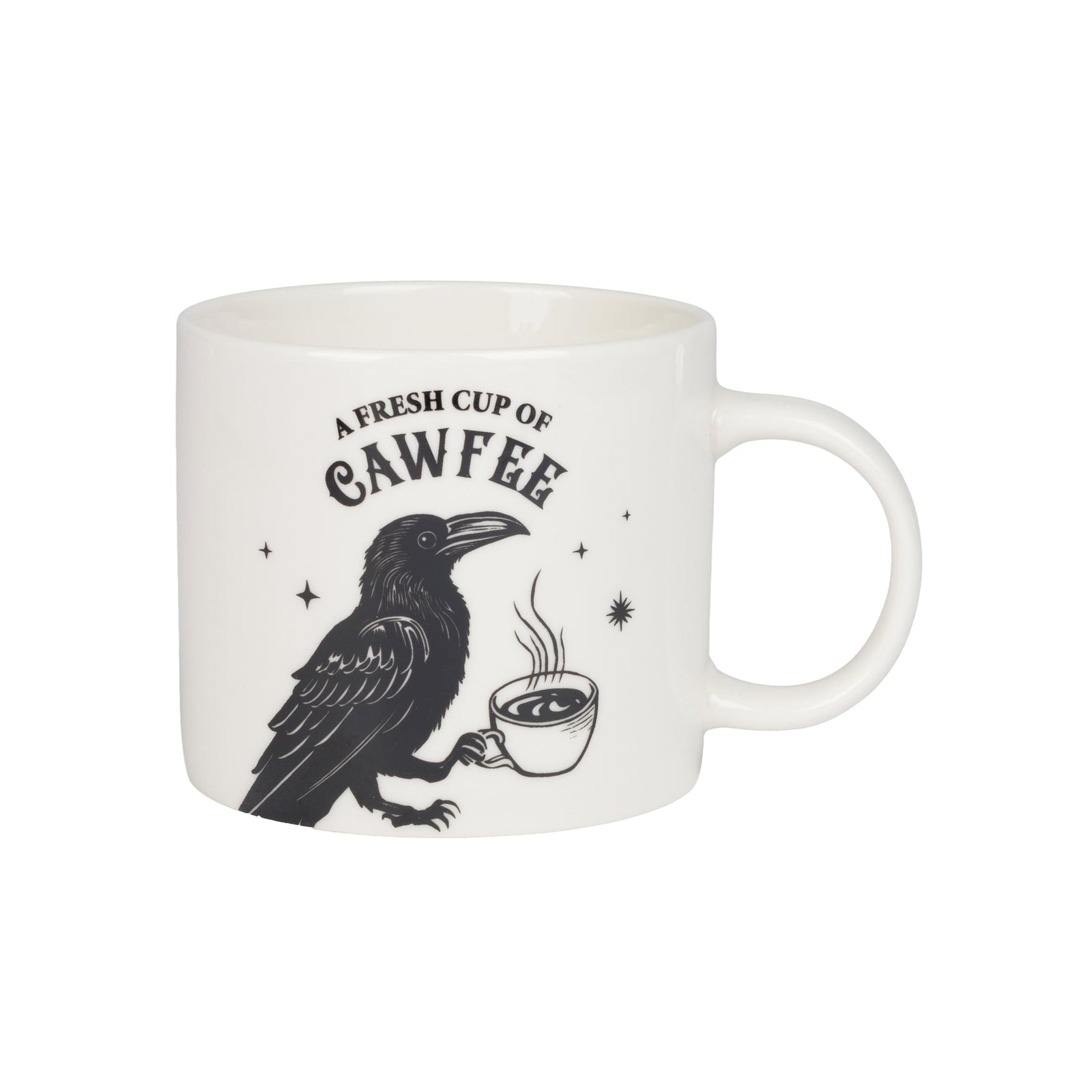 An off-white ceramic mug featuring a black illustration of a raven holding a cup of coffee, with the text 'A FRESH CUP OF CAWFEE' printed above it.