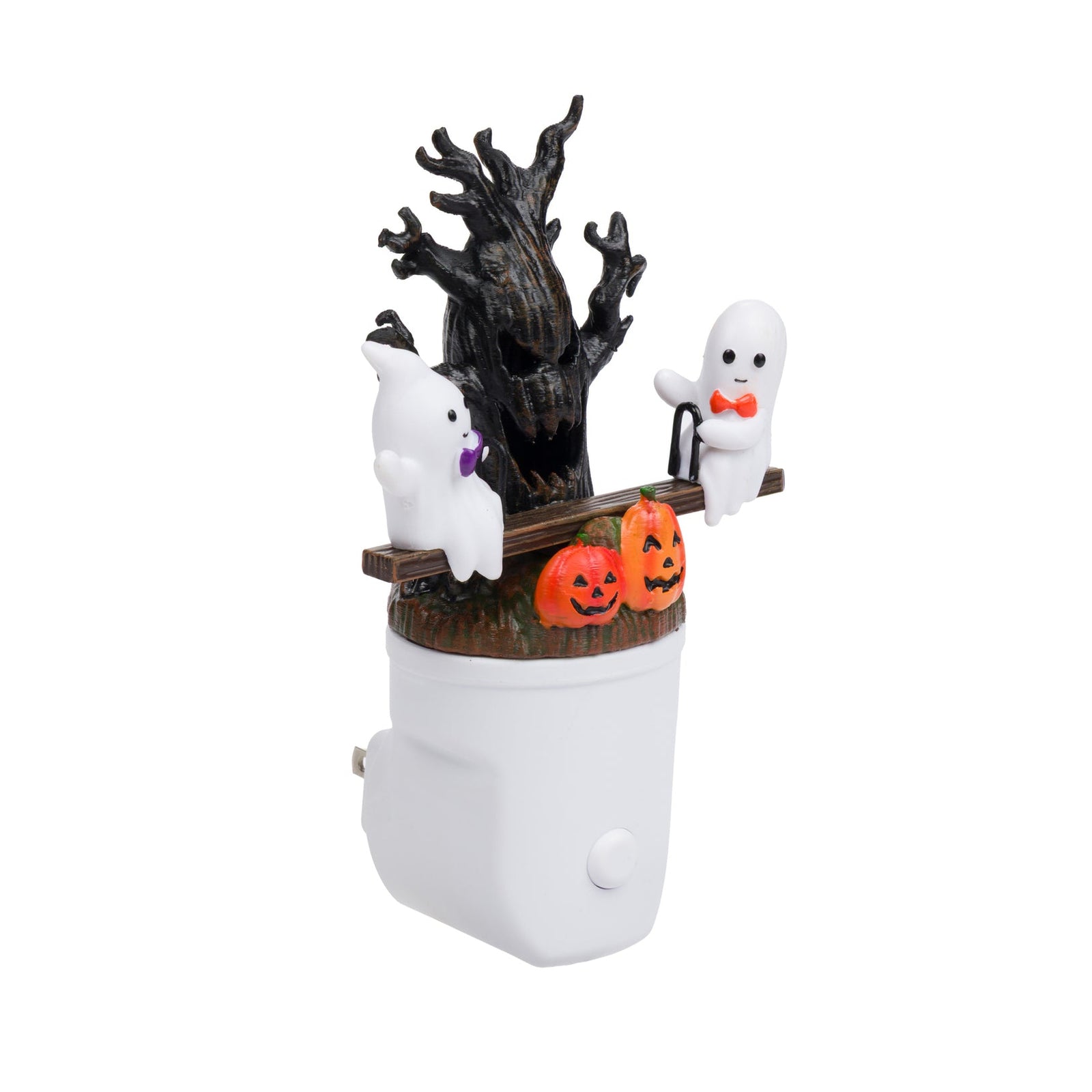 Moving GIF of a plug-in nightlight featuring two ghosts on a seesaw with a spooky light-up tree behind them, on a white background.