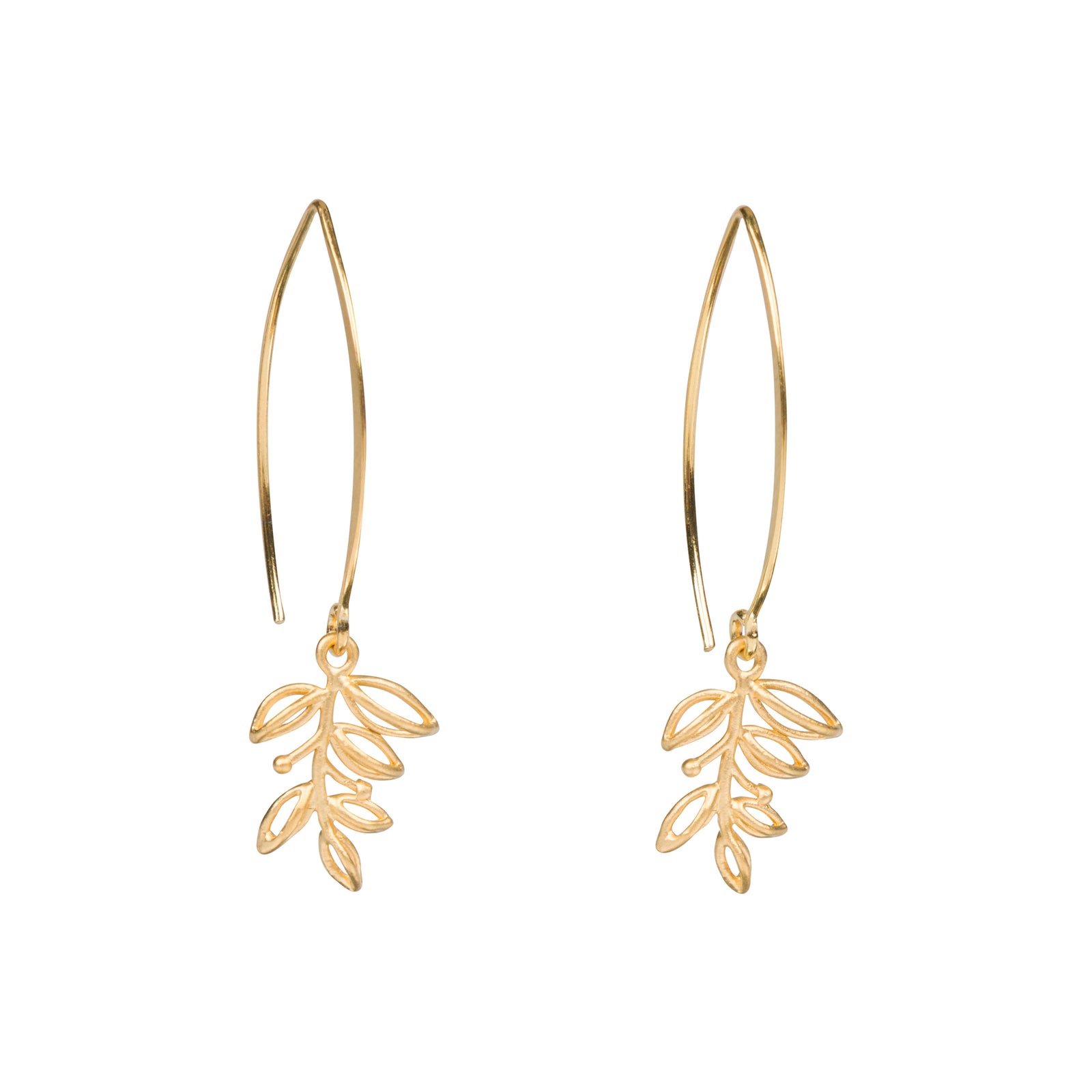 A pair of gold drop earrings with a minimalist leaf design hanging from thin arch-shaped wires, shown on a plain white background.