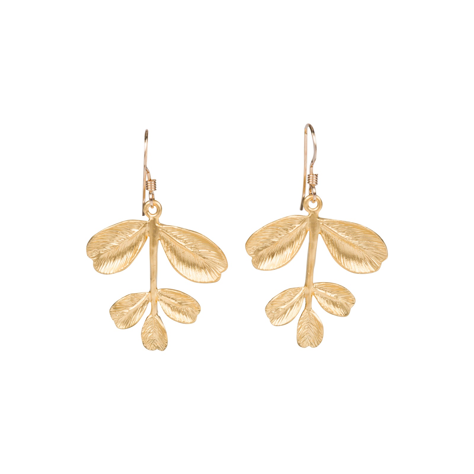 A pair of gold leaf drop earrings with textured, layered leaf shapes and fishhook wires, shown against a plain white background.