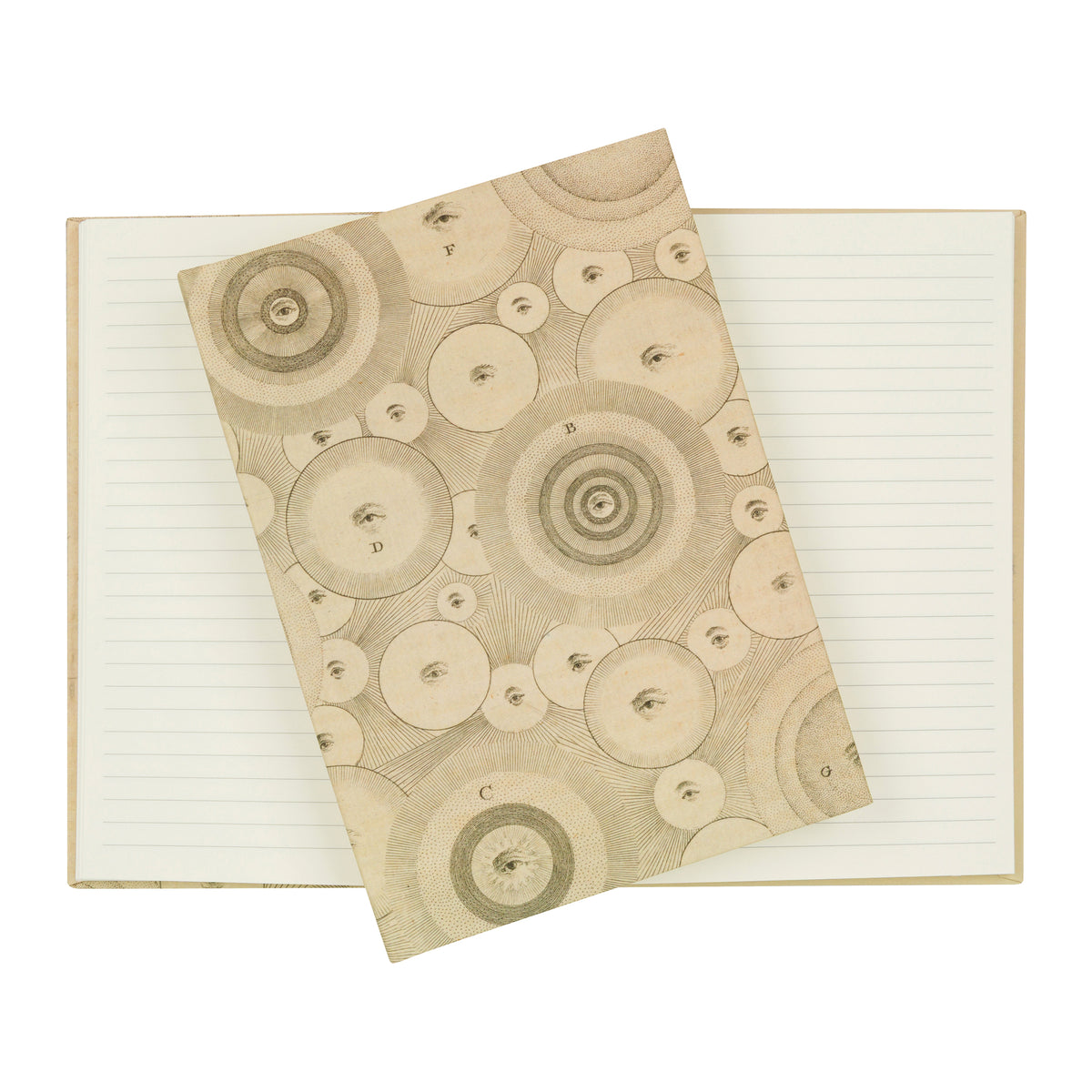 A hardcover, lined paper journal with an 18th century illustration on a cream base featuring planets and eyes.