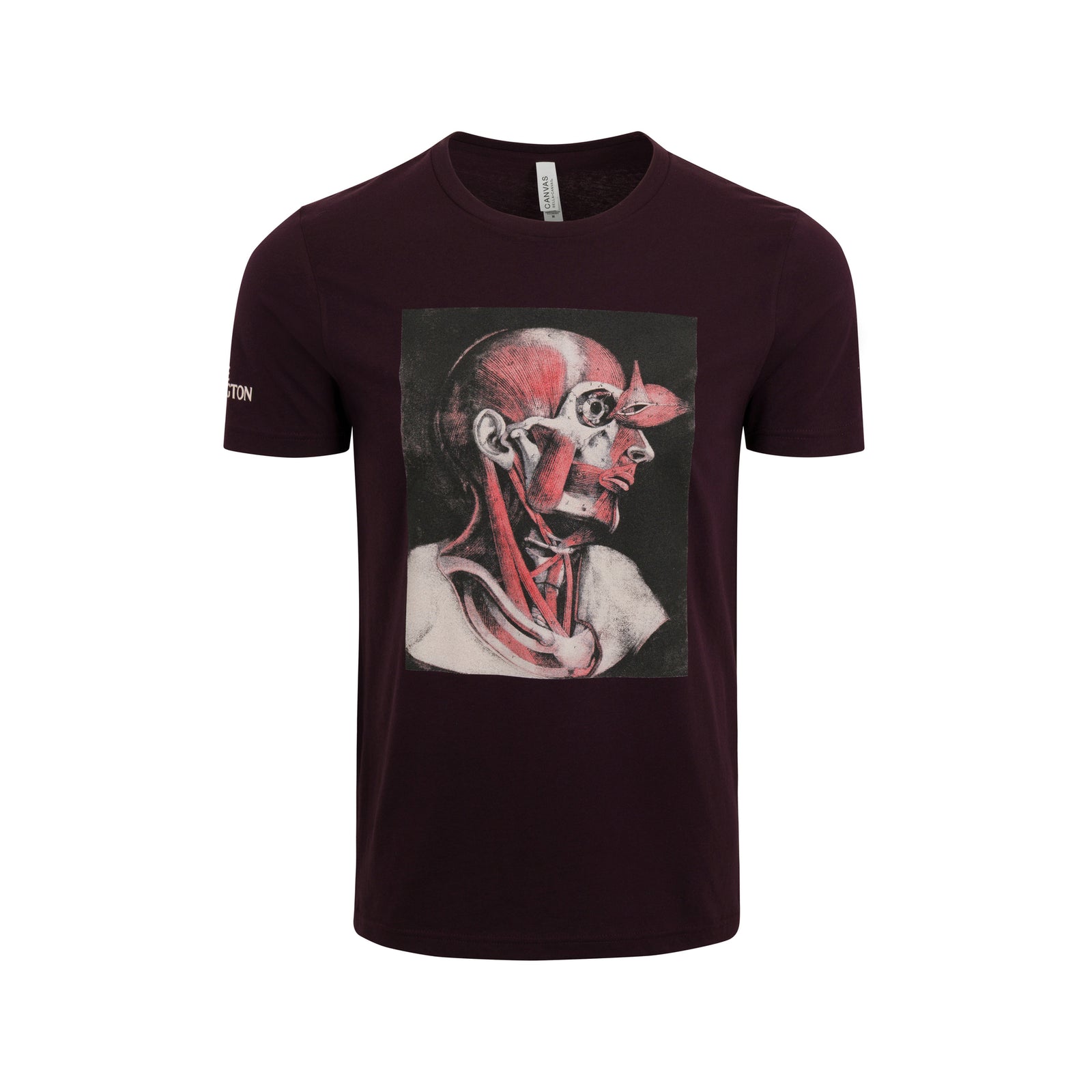 A dark burgundy short-sleeve t-shirt with a graphic print of a human anatomical muscle head on the front, featuring the brand name 'ANATOMY' printed in gold on the left sleeve.