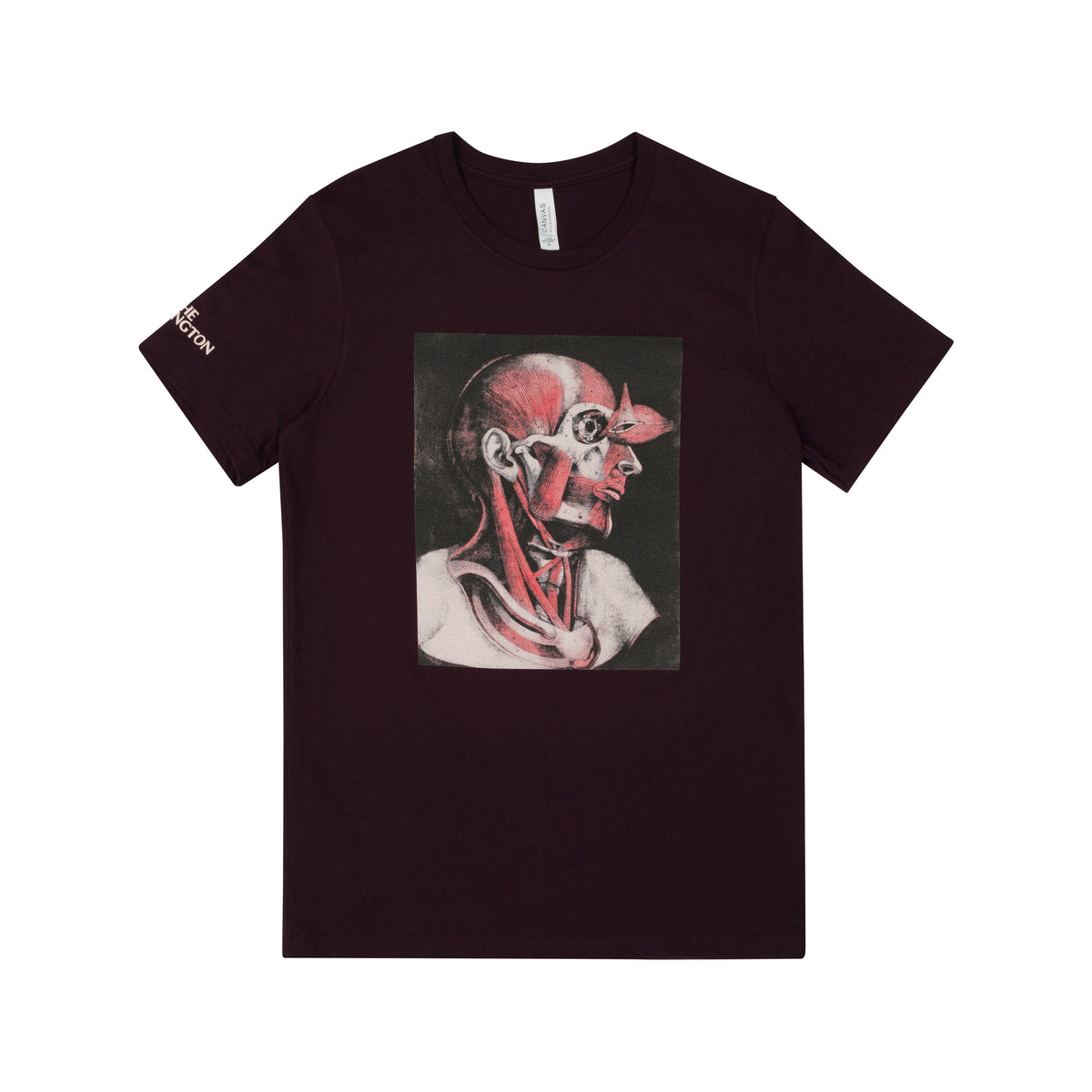 A dark burgundy short-sleeve t-shirt with a graphic print of a human anatomical muscle head on the front, featuring the brand name 'ANATOMY' printed in gold on the left sleeve.