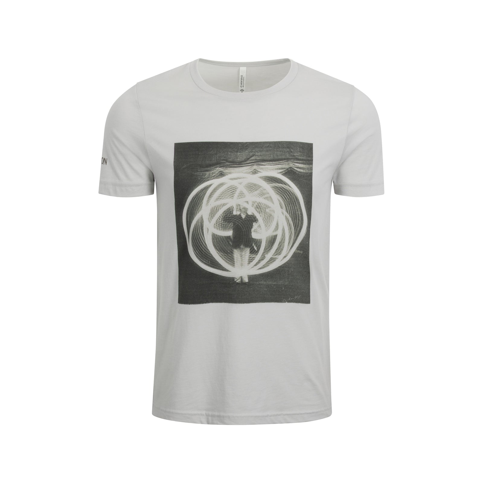 A light gray crewneck t-shirt featuring a square black and white graphic print on the front with a circular abstract design, displayed flat against a white background.
