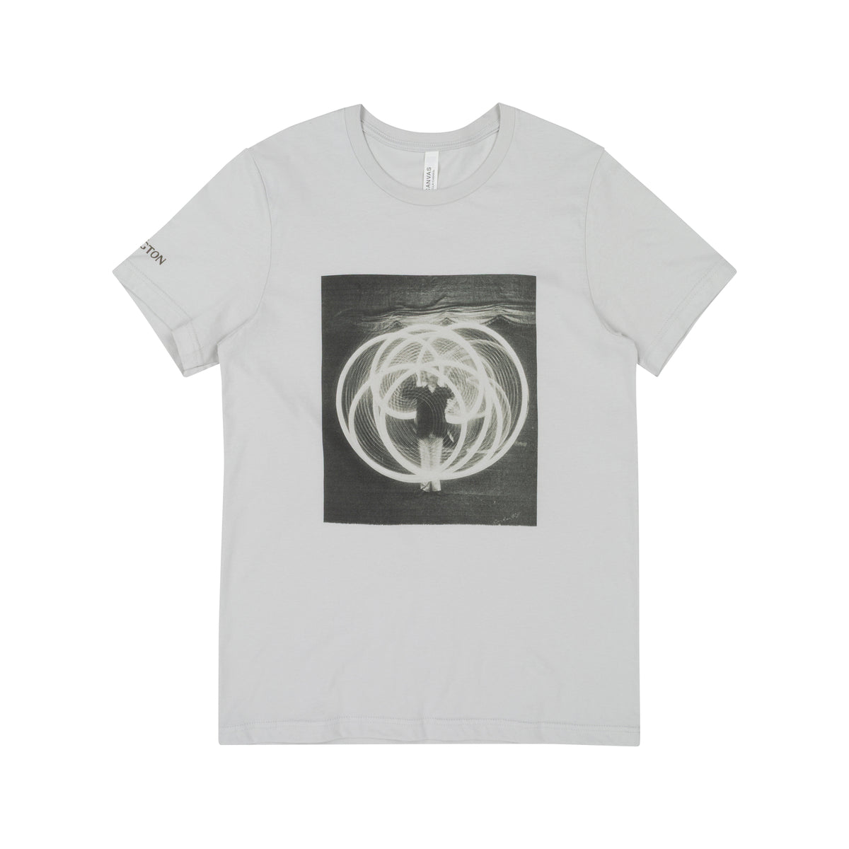 A light gray crewneck t-shirt featuring a square black and white graphic print on the front with a circular abstract design, displayed flat against a white background.