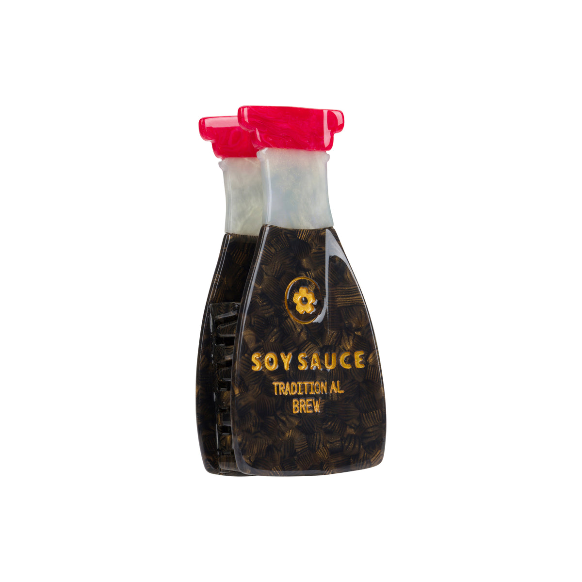 A hair claw clip shaped like a soy sauce bottle on a white background.