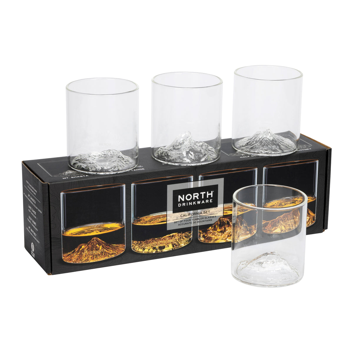 A set of four clear whiskey glasses with mountain-shaped bases, shown with their black retail box on a white background. One glass is placed in front of the box, and the brand label 'NORTH DRINKWARE' is visible on the packaging.