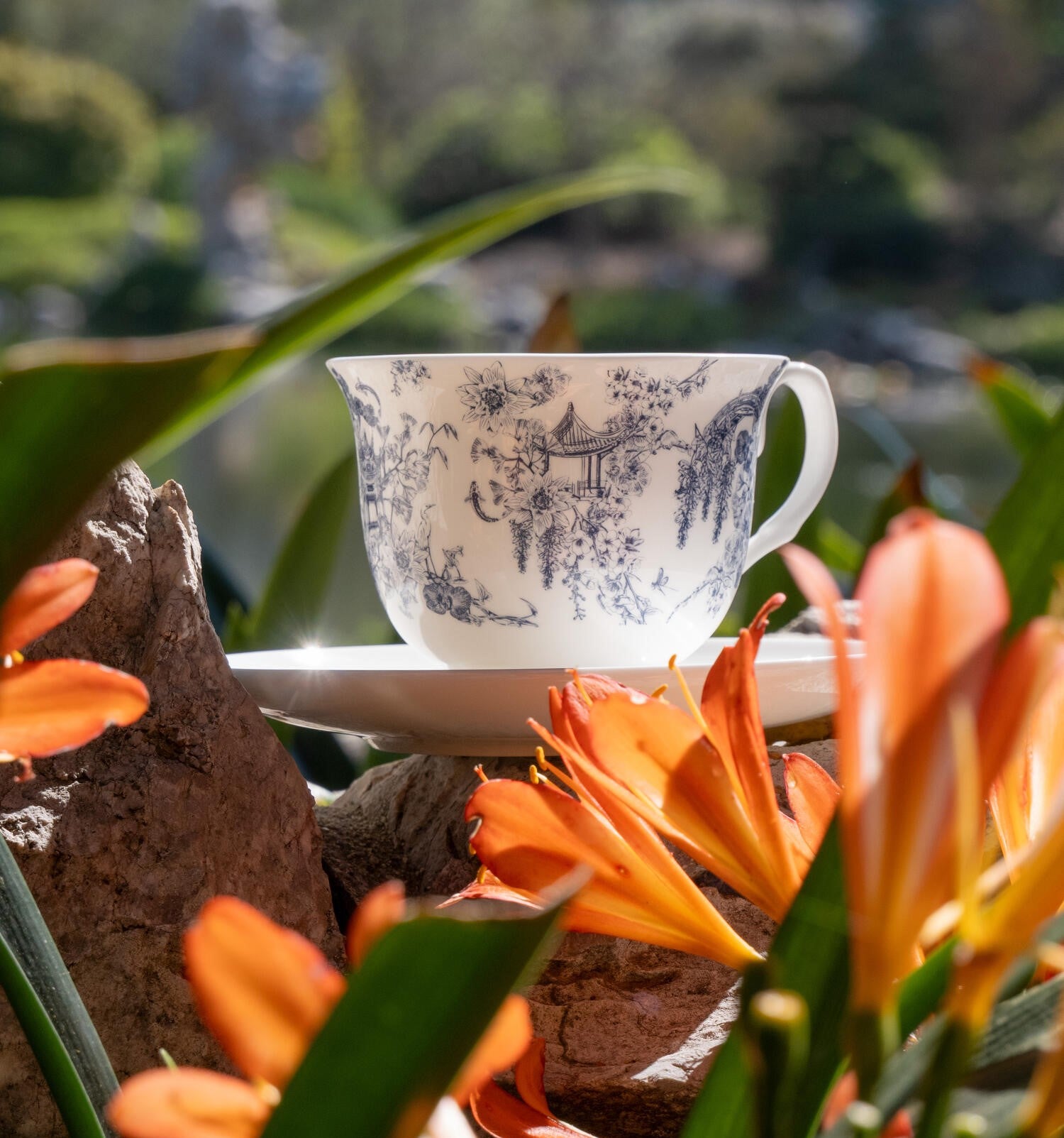 A bone China teacup and saucer with a blue Asian gardens toile print on a white background.