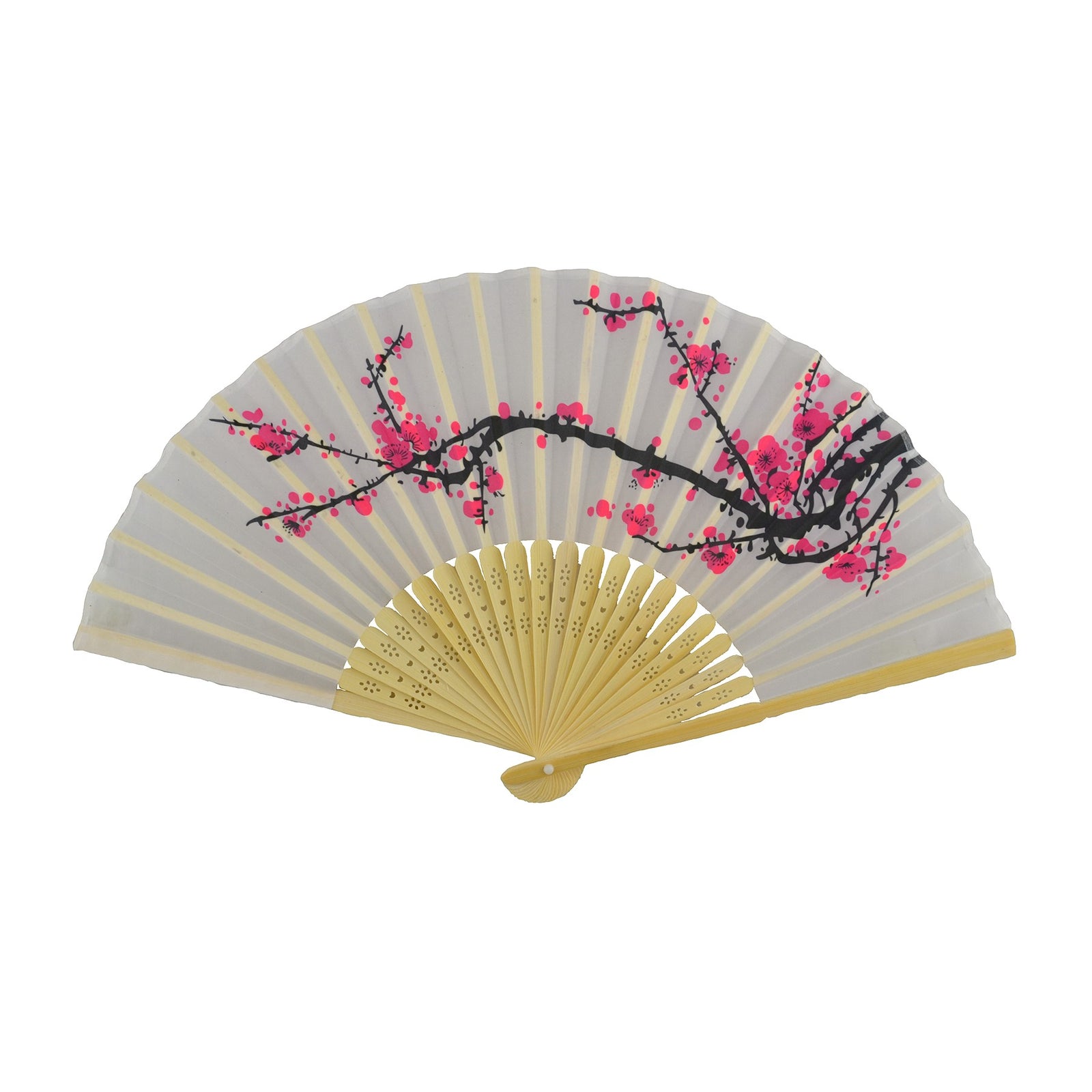 Handheld fan with cherry blossom design on a white background