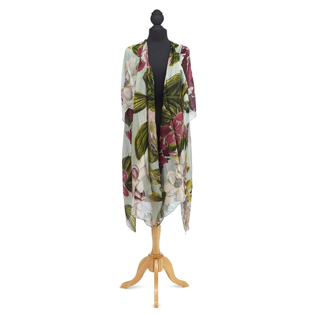 The perfect summer cover up! This long, cardigan style kimono has a beautifully gauzy feel and is lightweight enough to fold up and pop in your purse, but also heavy enough to keep the chill off when the sun goes down. Features large, splashy Protea blooms on a light, robin egg blue base. One size fits most.