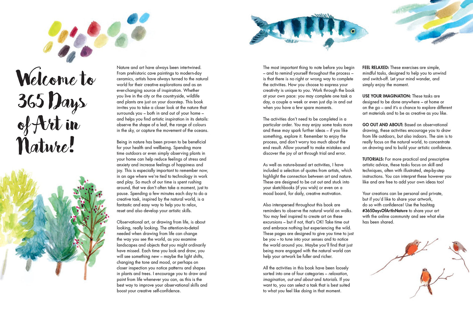 The image features the cover of the book titled "365 DAYS OF ART IN NATURE" by Lorna Scobie. The cover is vibrant and artistically designed, showcasing a lush green background with various playful and natural motifs such as leaves, birds, and abstract patterns.