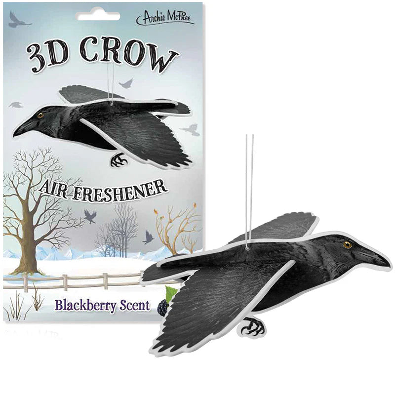 This wonderfully weird 3D Crow Air Freshener comes in two pieces that fit together to form a 3D crow that will transform your jalopy into a nest and freshen it with the scent of blackberry. String for dangling included. Dimensions: 5.5" x 7.25".