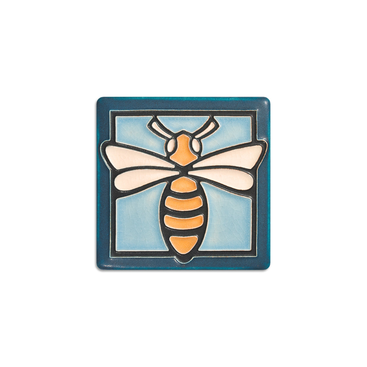 Decorative tile with a bee design on a blue background