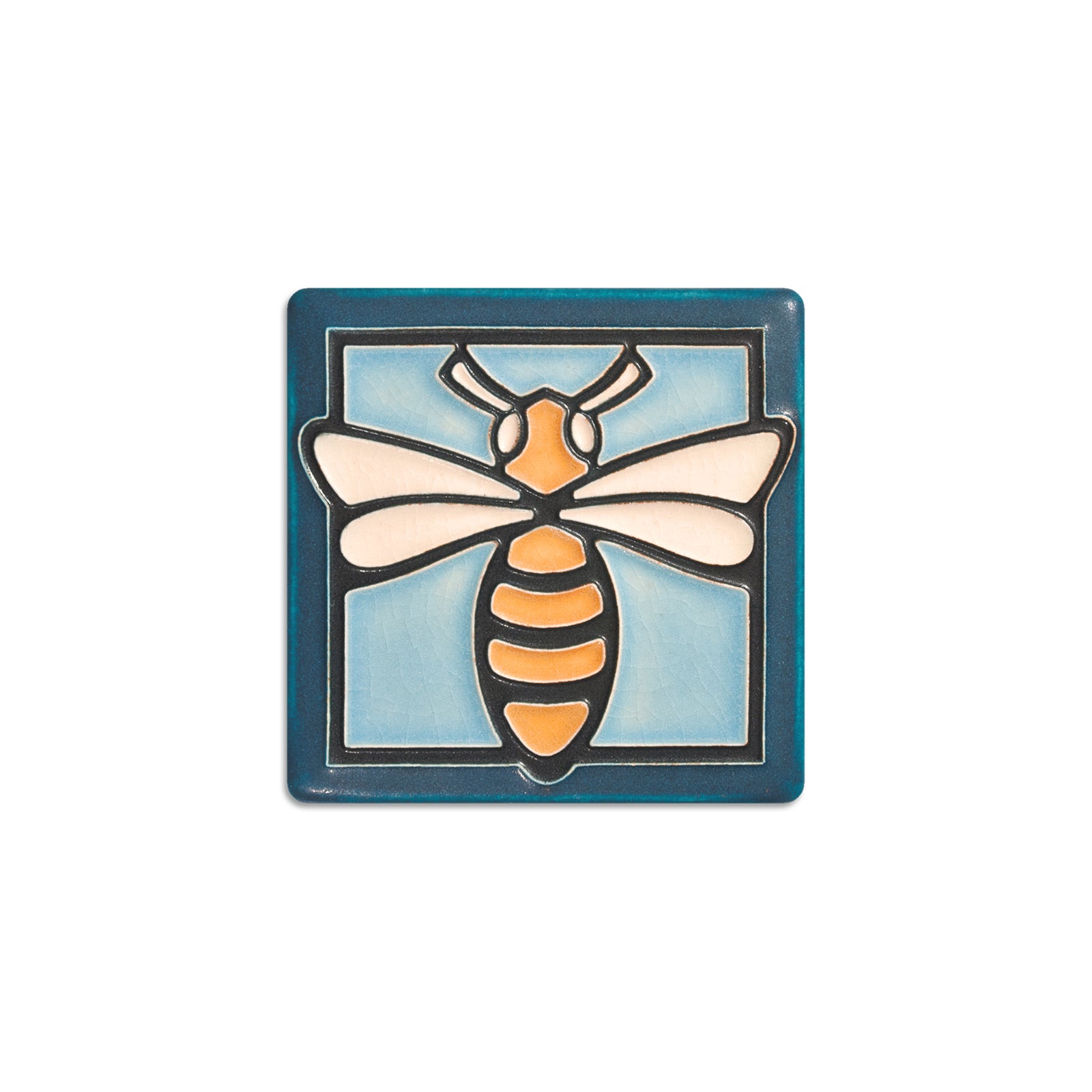 Decorative tile with a bee design on a blue background