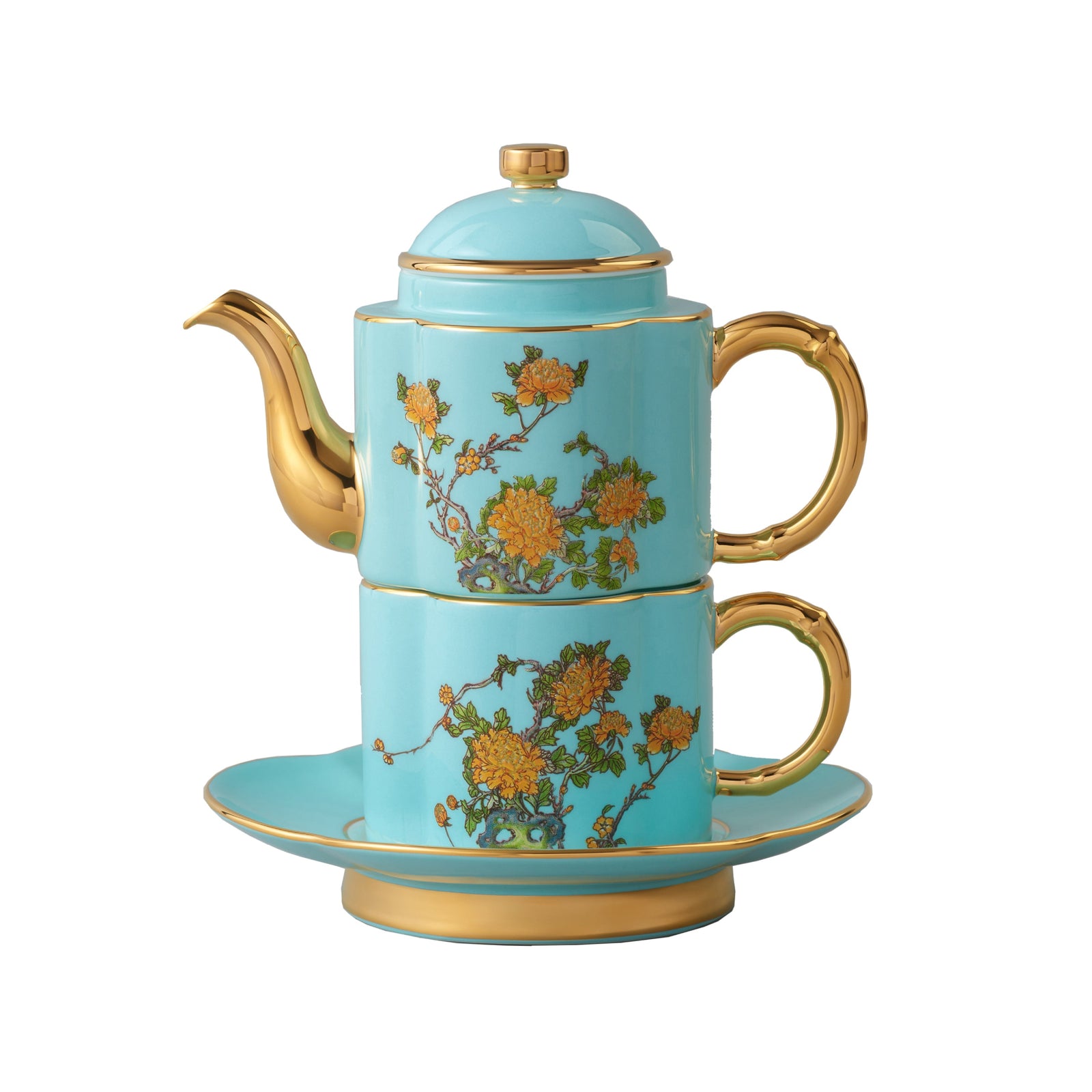 Inspired by the beautiful landscape of West Lake in Hangzhou, China, this stunning tea-for-one set is made from highly refined, premium, chip-resistant porcelain. It is decorated with traditional Peony blooms on an azure-blue base, accented with luxurious gold metallic. This set contains a teapot, sized perfectly for one, a teacup and petal-shaped saucer. 