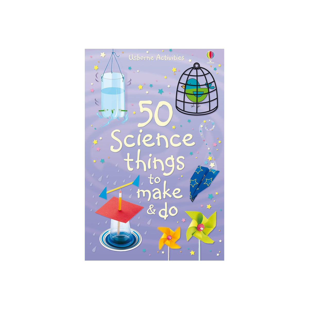 Book cover of '50 Science Things to Make & Do' with colorful illustrations on a purple background