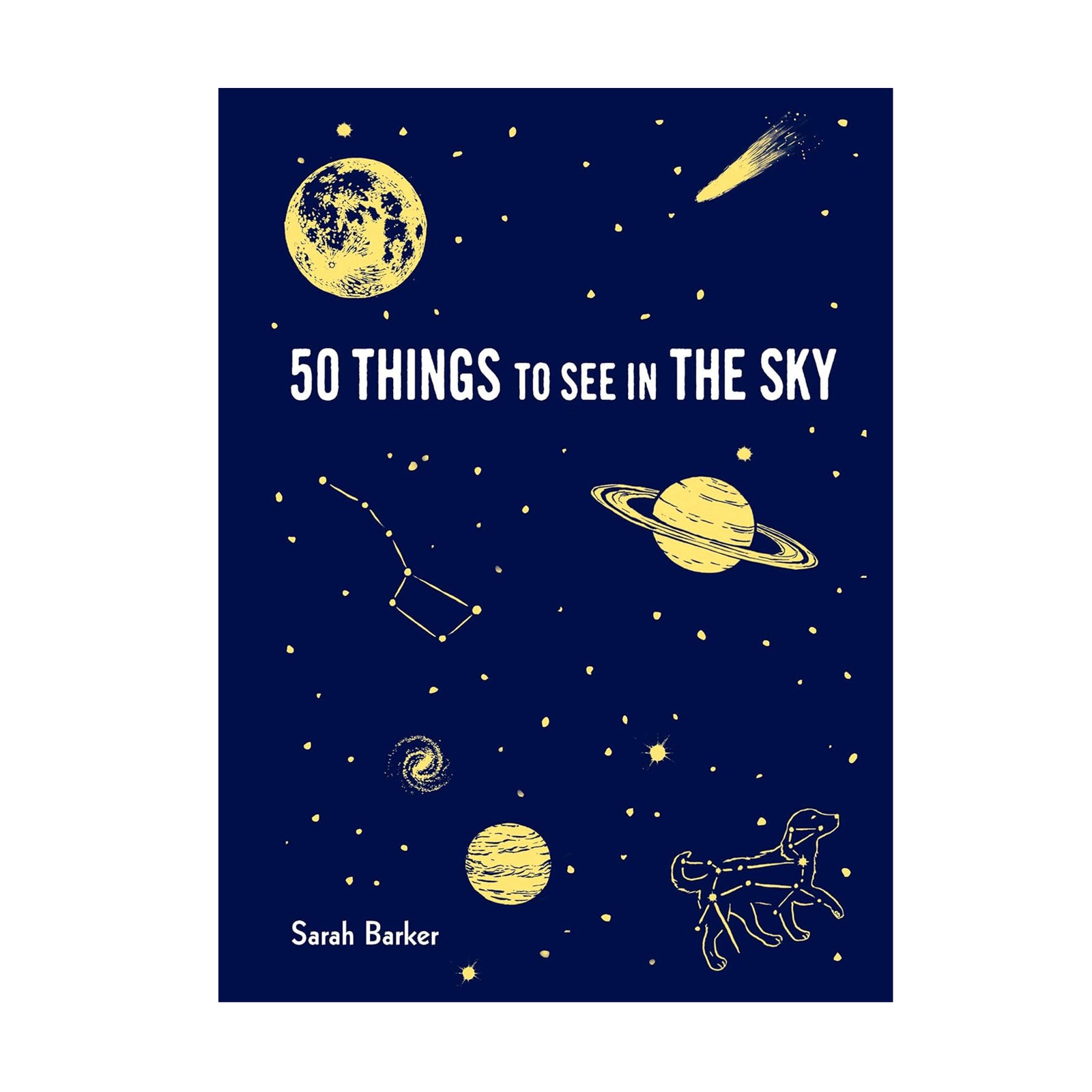 Book cover of '50 Things to See in the Sky' with celestial illustrations on a dark blue background.